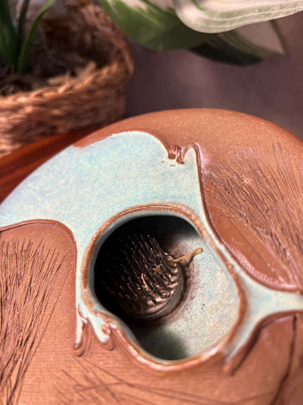 Ikebana Art Pottery vase with floral frog Drip Glaze