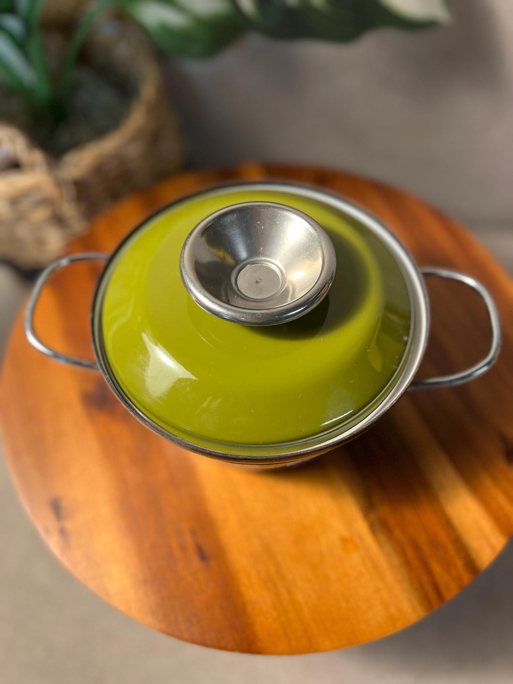 Vintage MCM Cathrine Holm White Green Lotus Enamelware Dutch Oven Pot