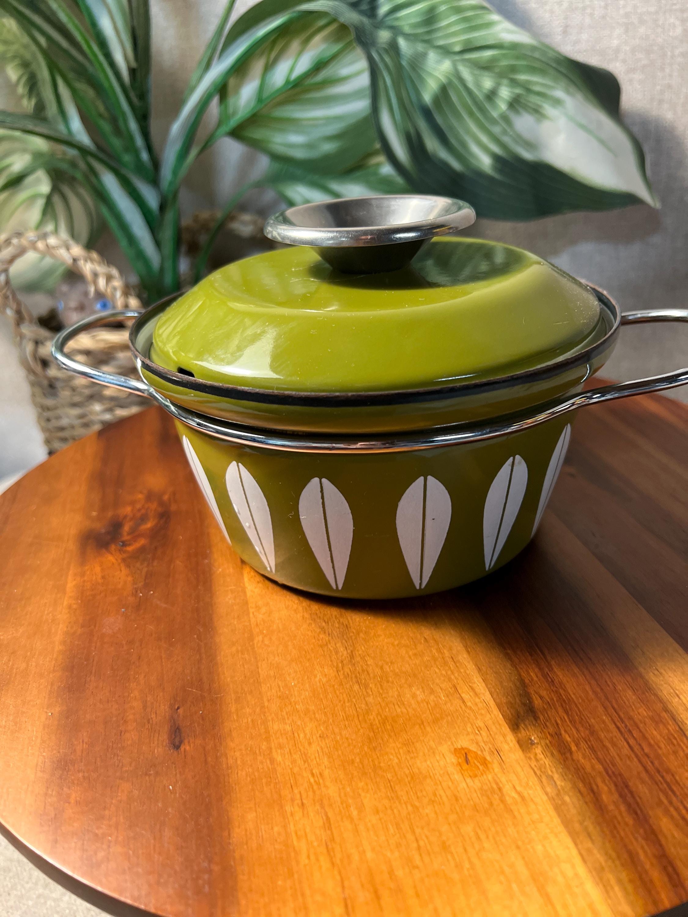 Vintage MCM Cathrine Holm White Green Lotus Enamelware Dutch Oven Pot