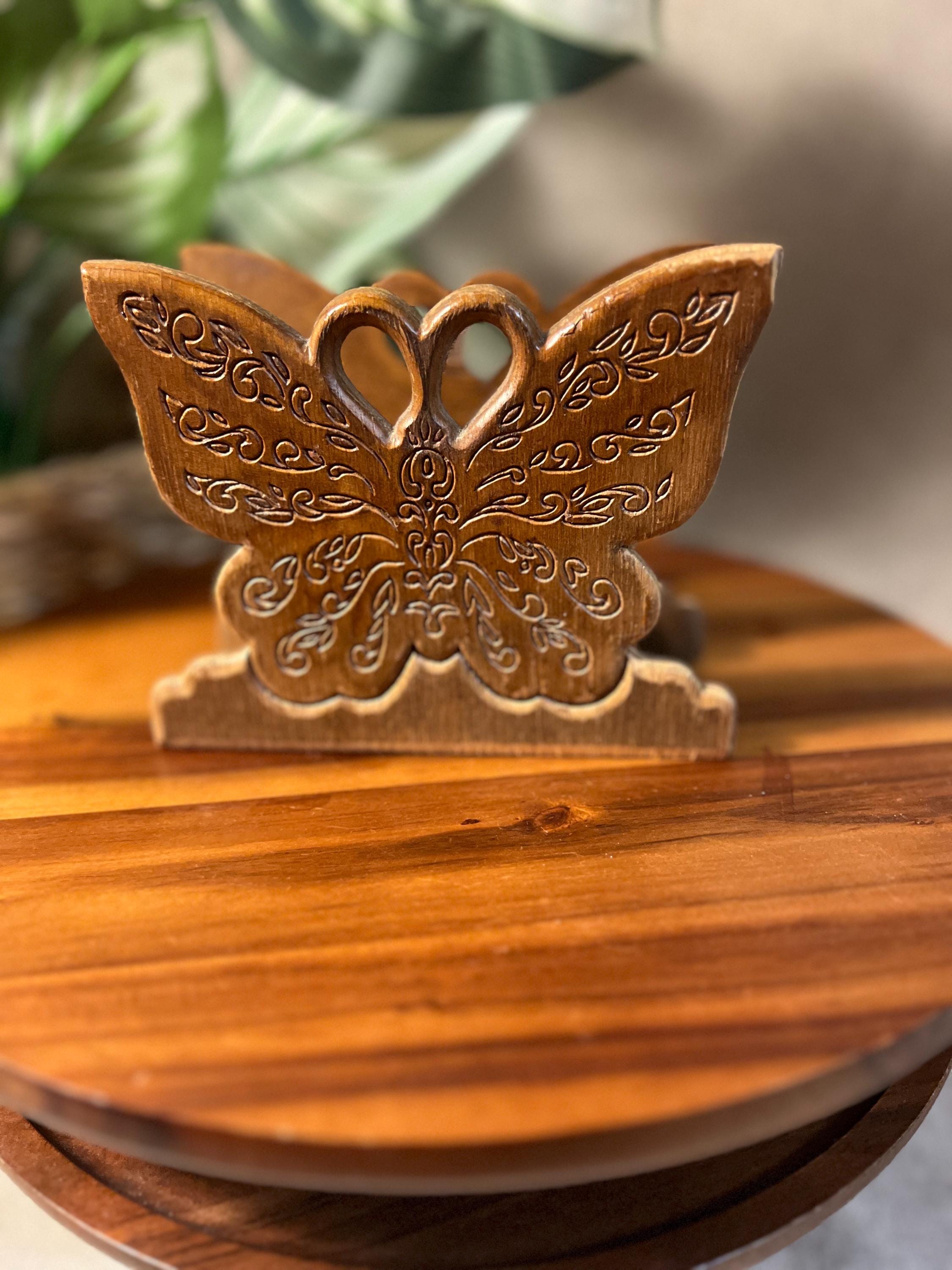 Vintage 1970s Hand Carved Wooden Butterfly Napkin Holder Tabletop