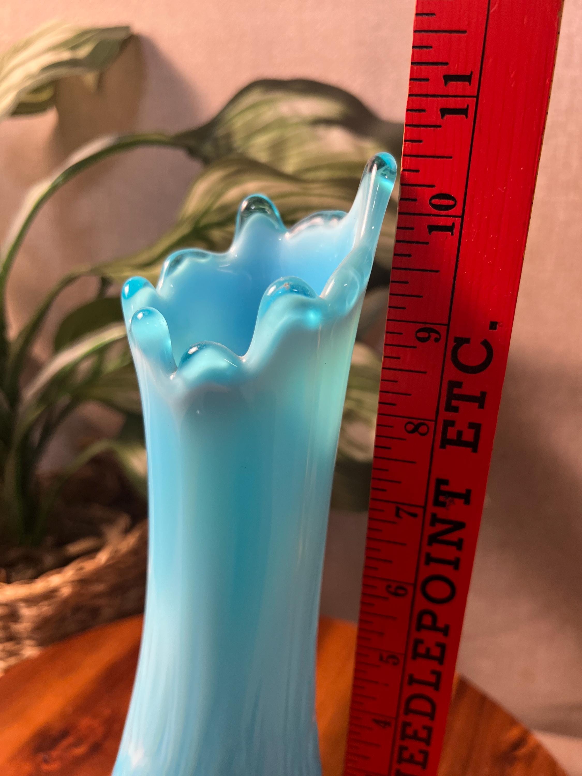 Vintage Piasa Bird Blue Opalescent 10 Swung Vase Stretched EAPG early American pressed glass
