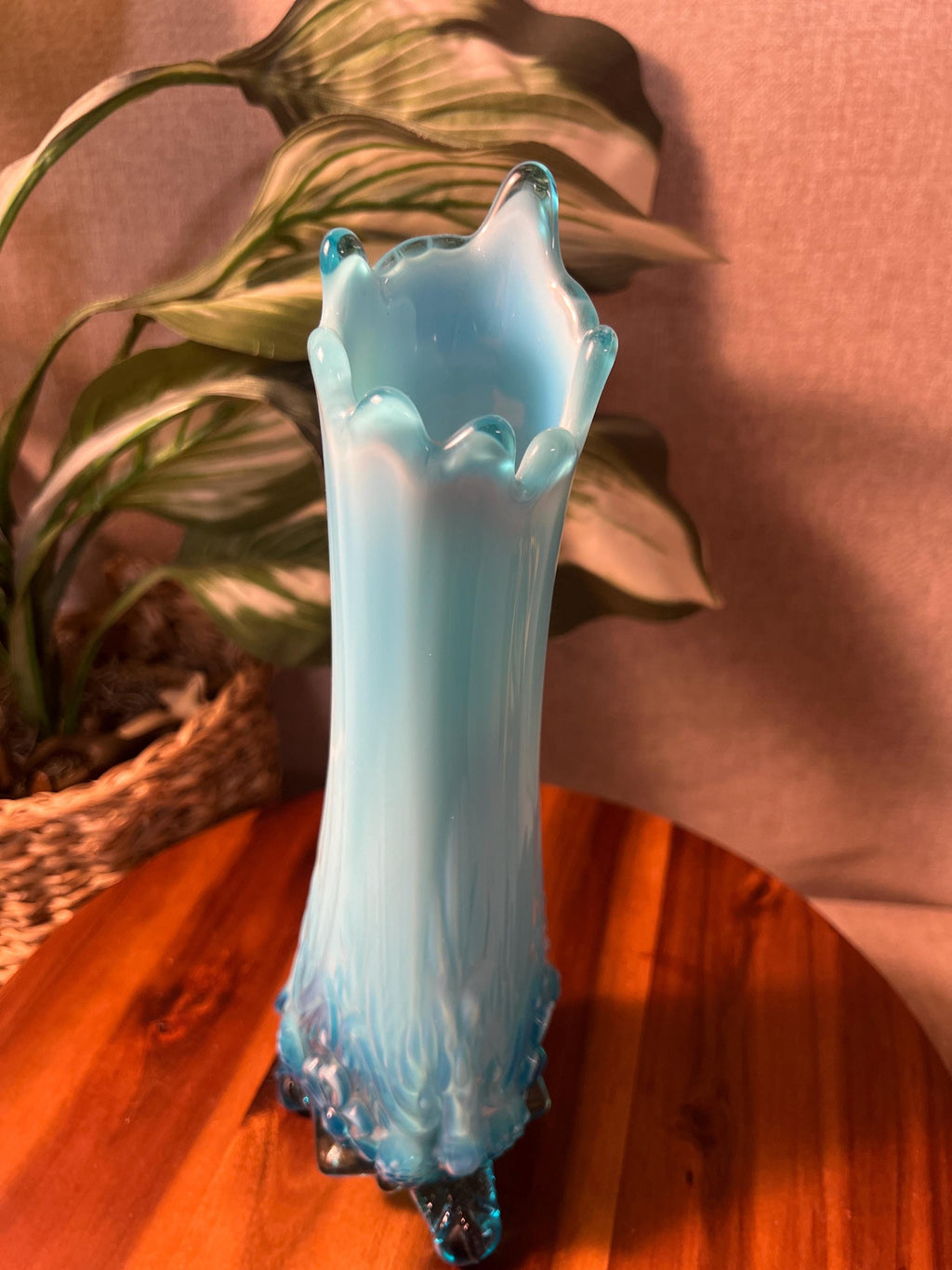 Vintage Piasa Bird Blue Opalescent 10 Swung Vase Stretched EAPG early American pressed glass