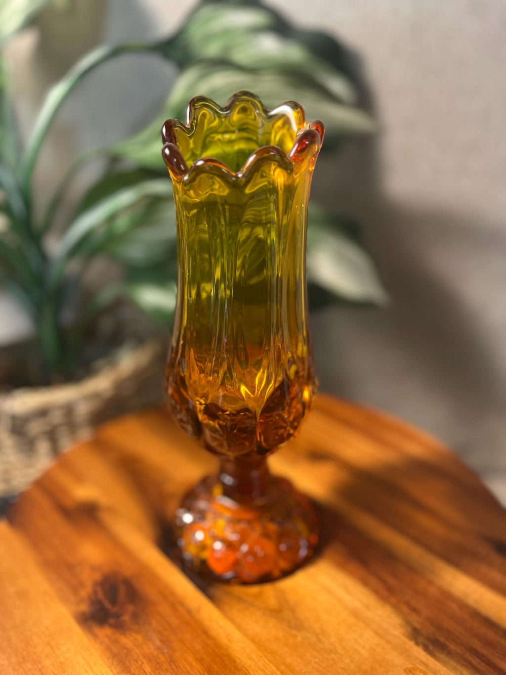 Vintage MCM Kanawha Glass Amber Moon & Star Swung Vase 9 1/2 Tall