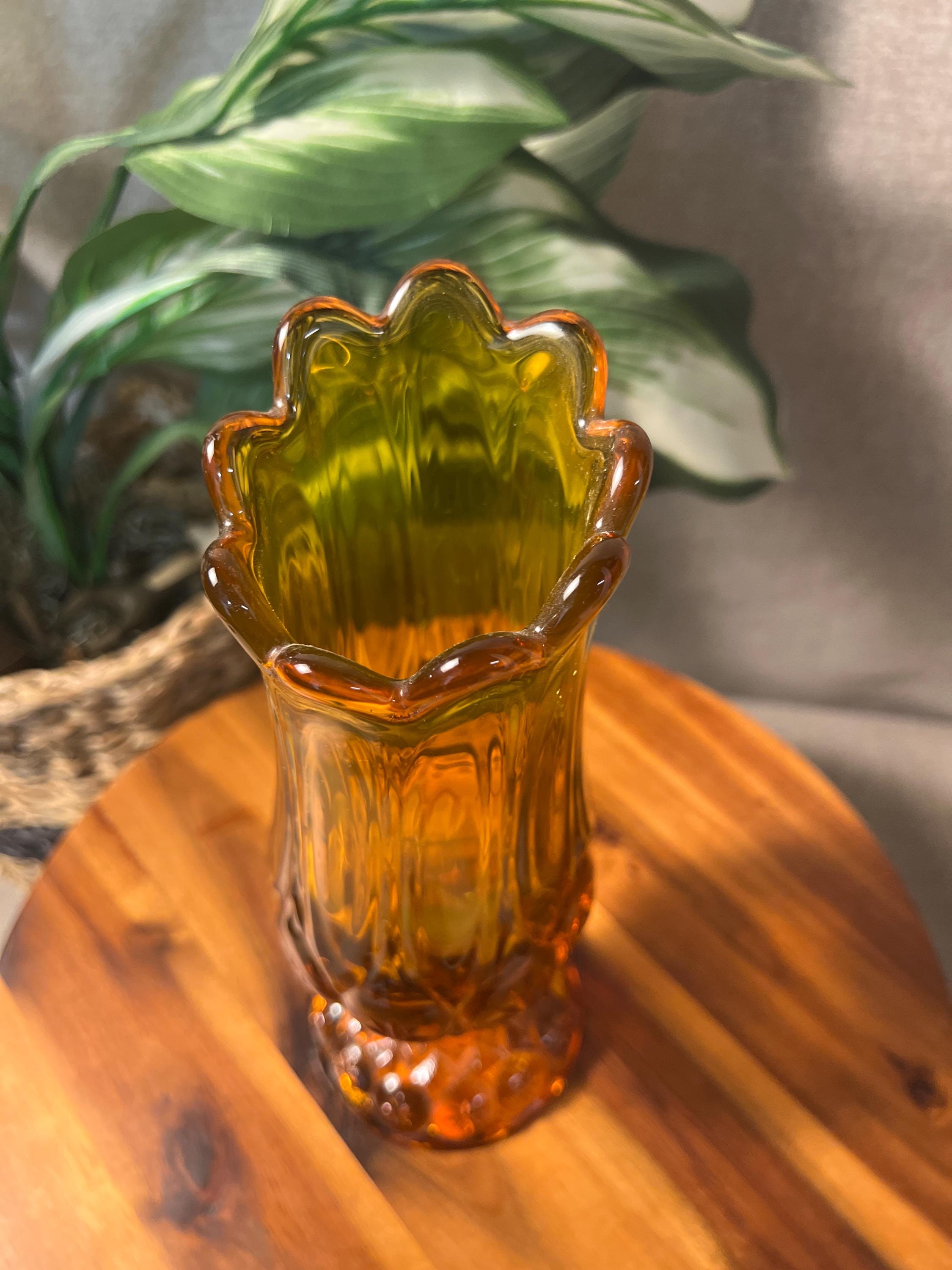 Vintage MCM Kanawha Glass Amber Moon & Star Swung Vase 9 1/2 Tall