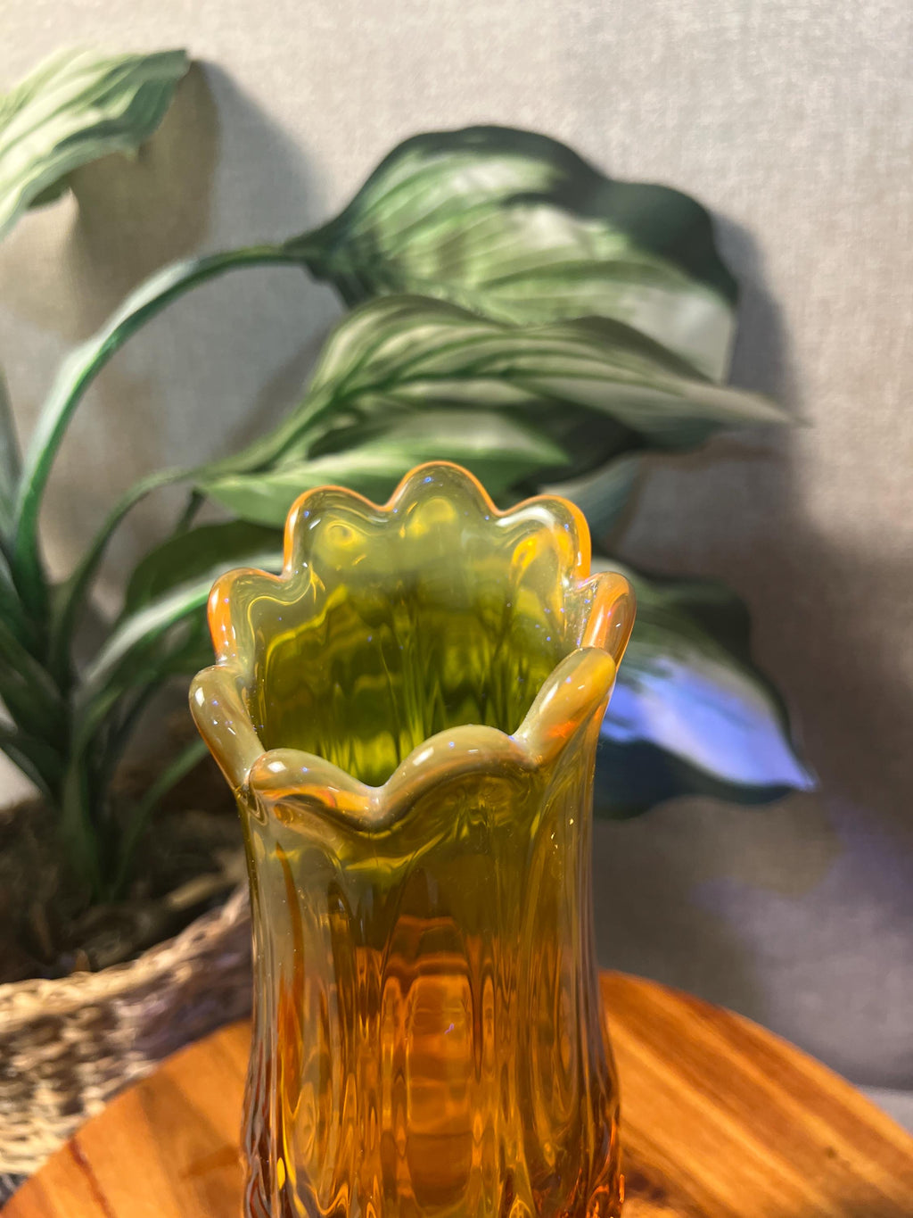 Vintage MCM Kanawha Glass Amber Moon & Star Swung Vase 9 1/2 Tall