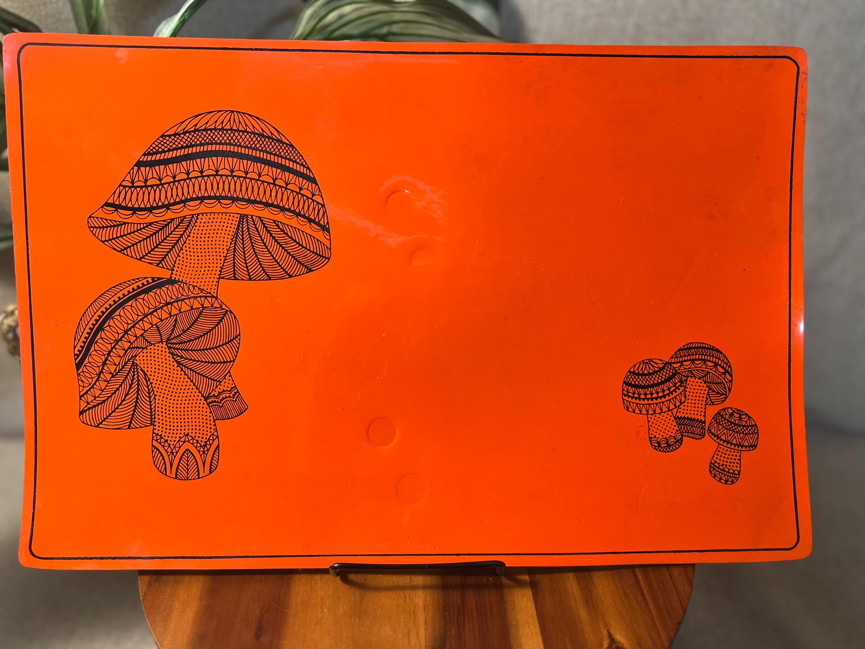 Vinyl MCM 1970s Mushroom Table Mat Orange Black Rectangle