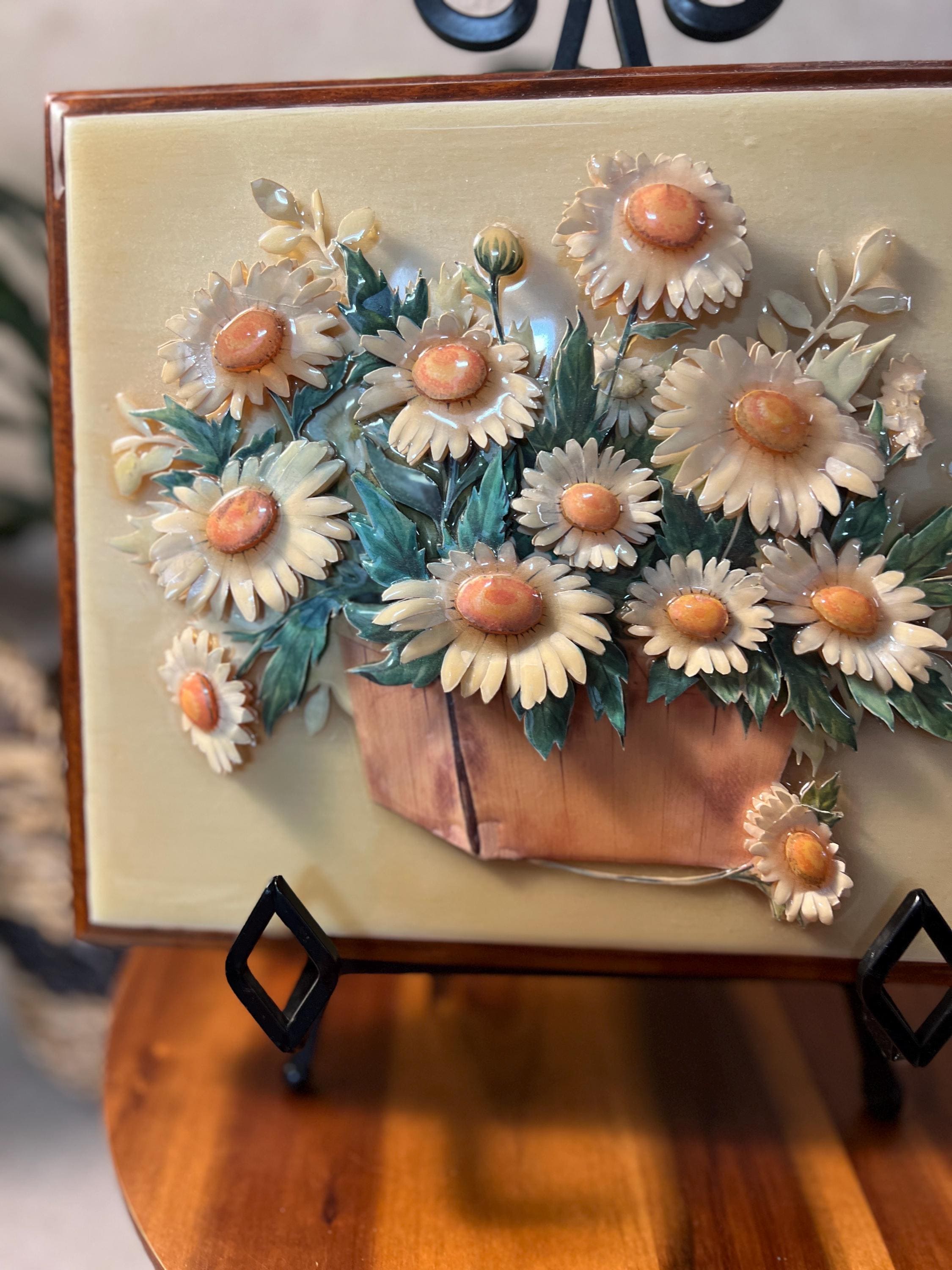 1980s Daisy Paper Tole 3-D Framed Art — Layered Paper Floral Wall Decor