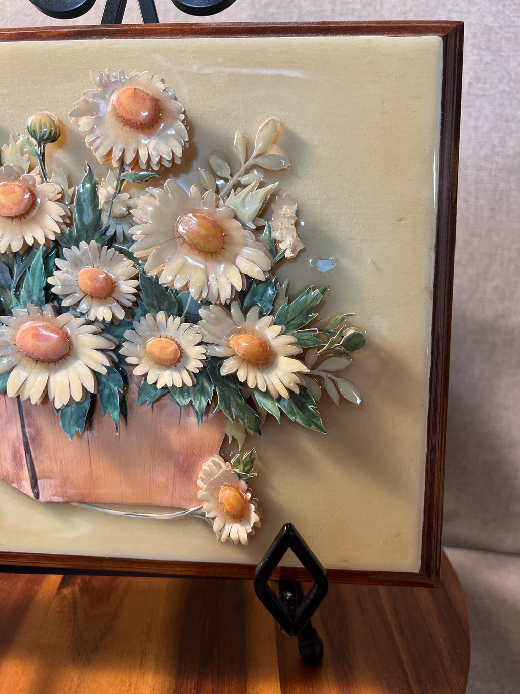 1980s Daisy Paper Tole 3-D Framed Art — Layered Paper Floral Wall Decor