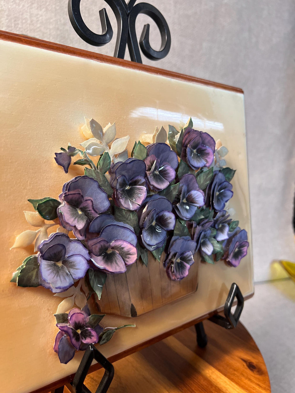 1980s Violet Paper Tole 3-D Framed Art — Layered Paper Floral Wall Decor
