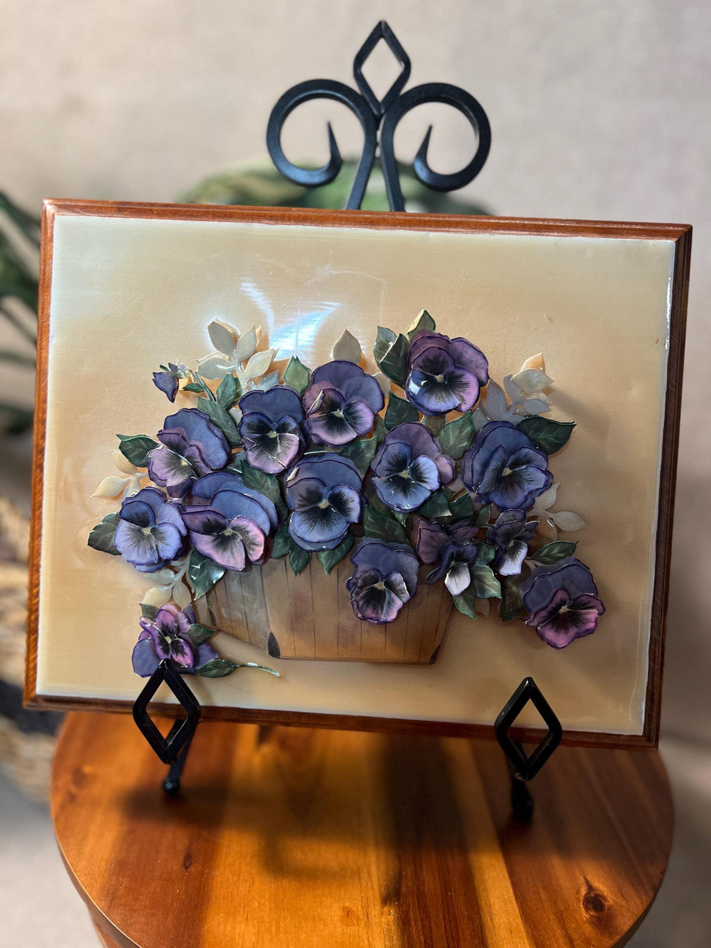 1980s Violet Paper Tole 3-D Framed Art — Layered Paper Floral Wall Decor