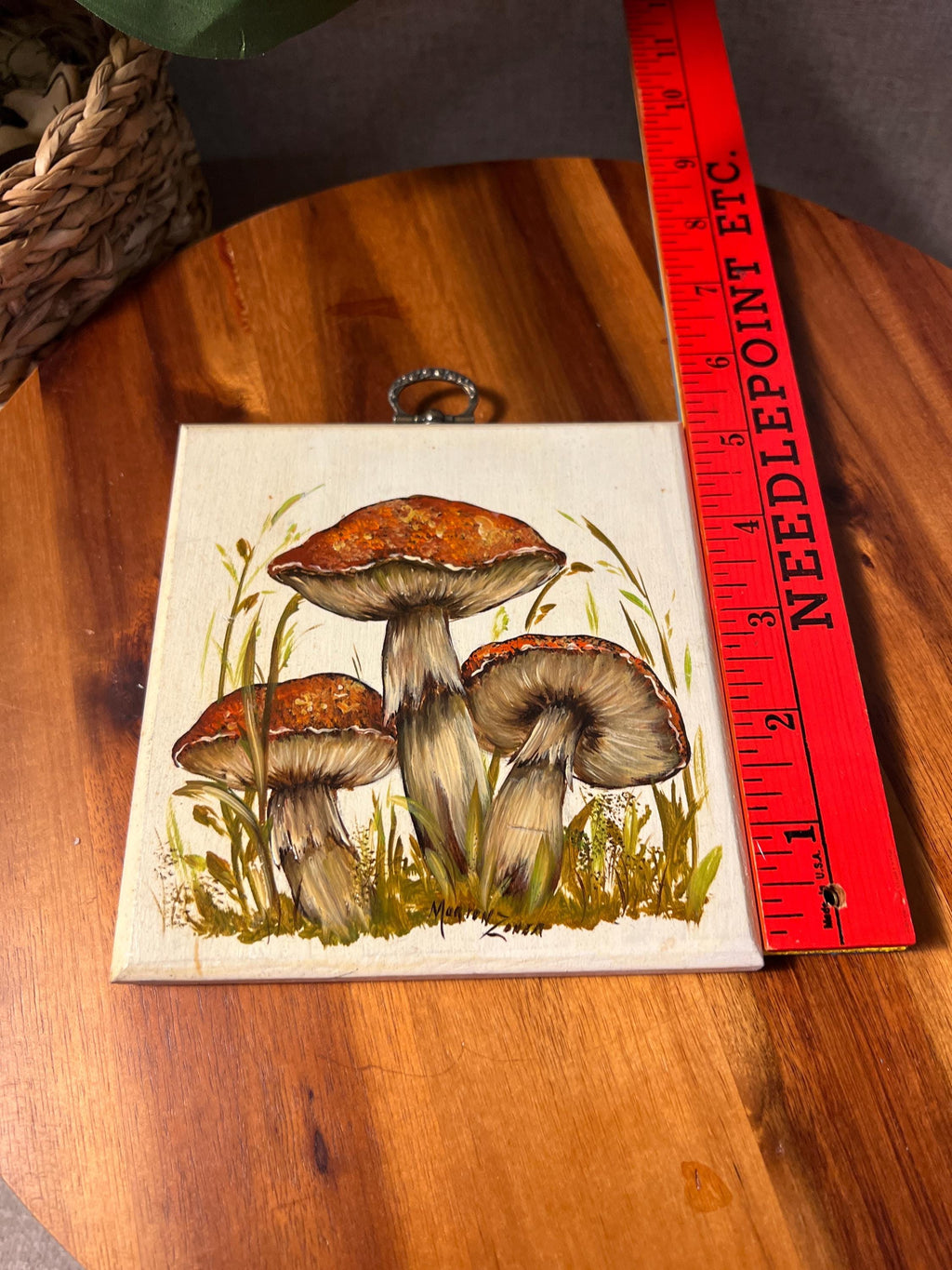 Vintage Homemade Painted Mushroom Wall Art Wood Plaque Signed