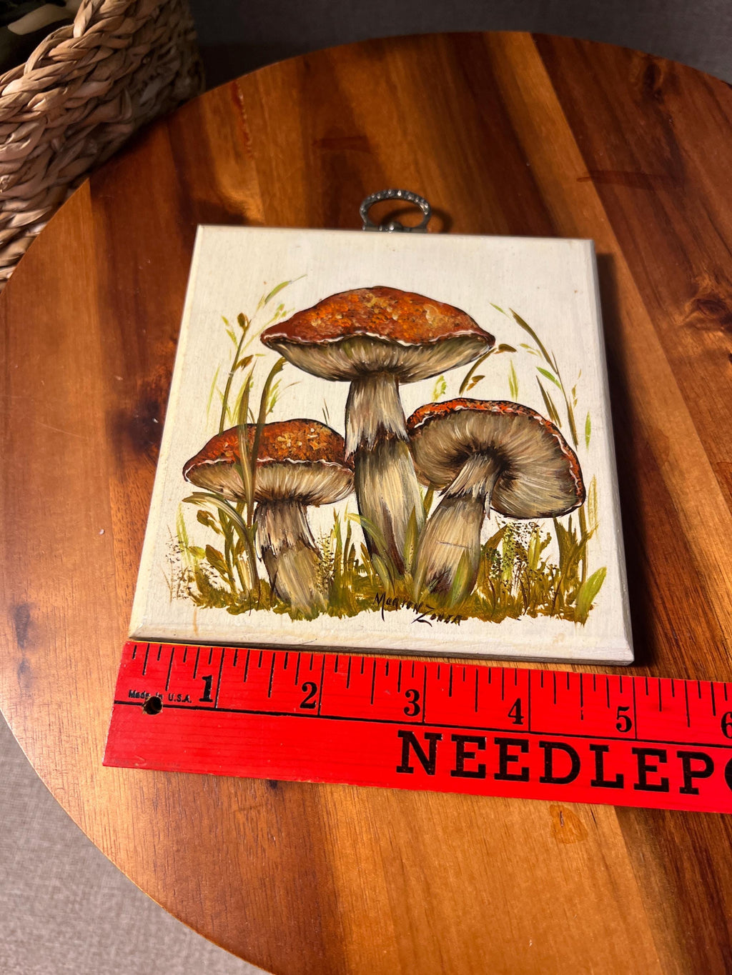 Vintage Homemade Painted Mushroom Wall Art Wood Plaque Signed