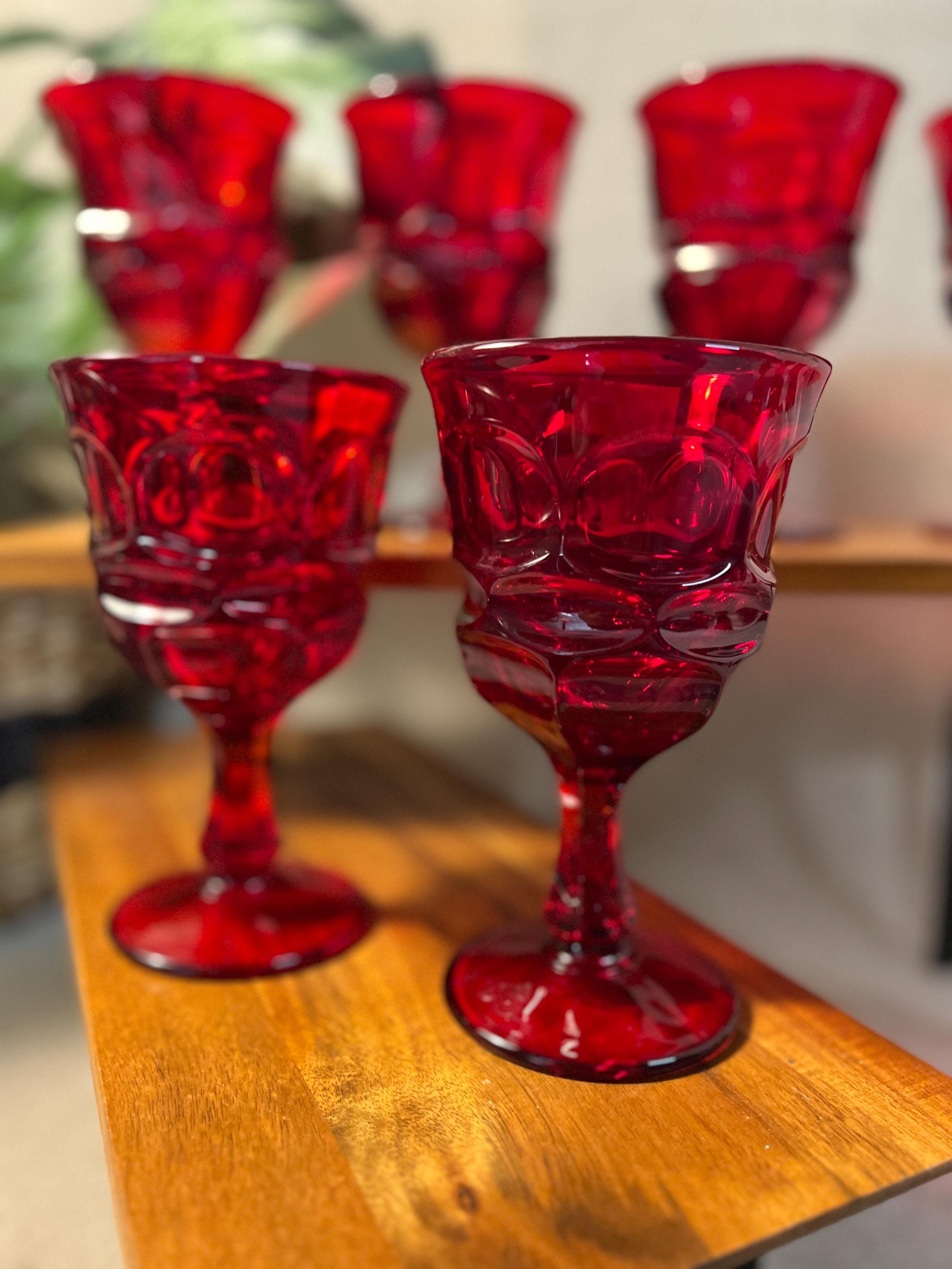 6 Fostoria Argus Ruby Red Goblets — Heavy Pressed Glass Water Stems