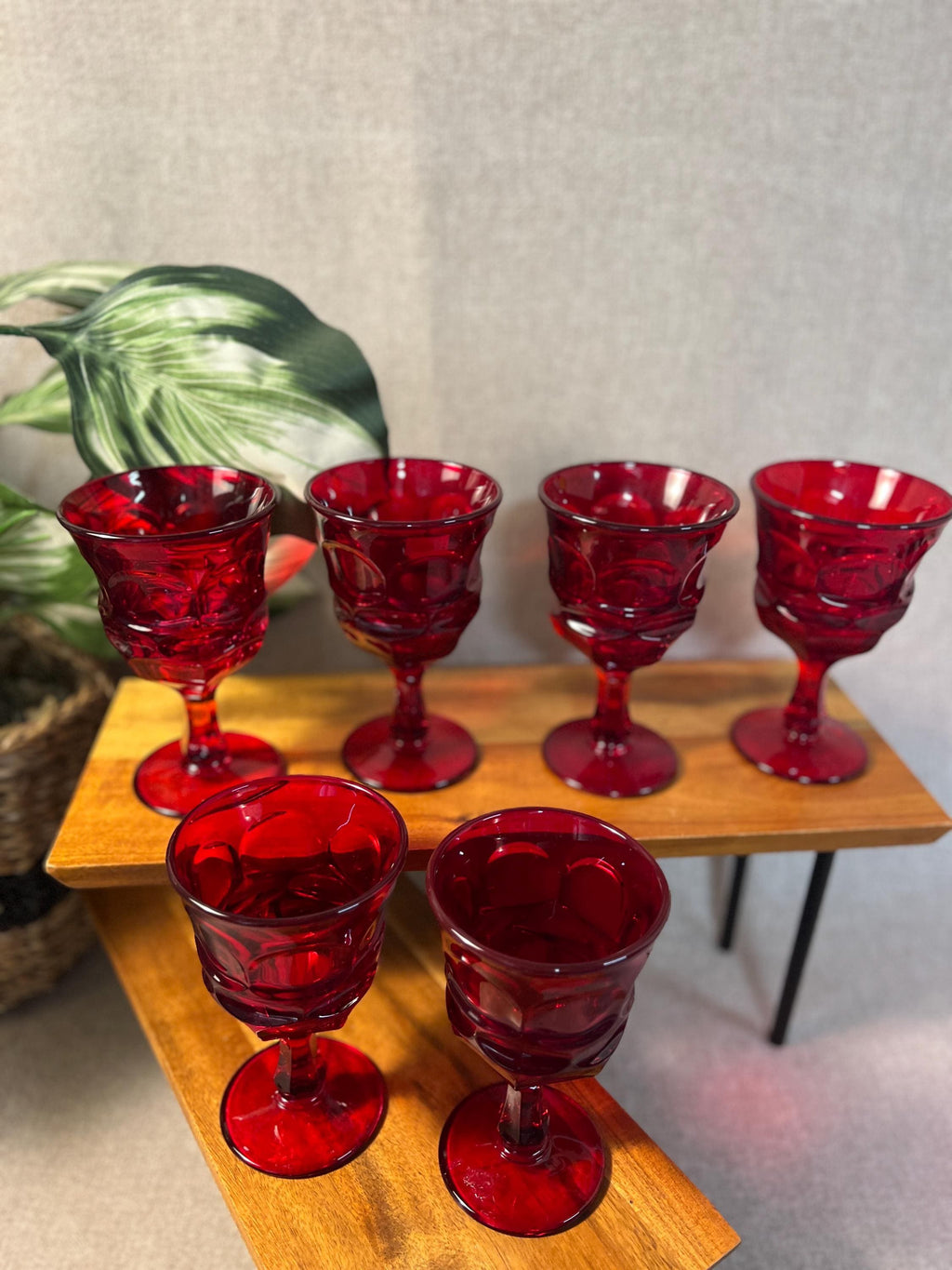 6 Fostoria Argus Ruby Red Goblets — Heavy Pressed Glass Water Stems