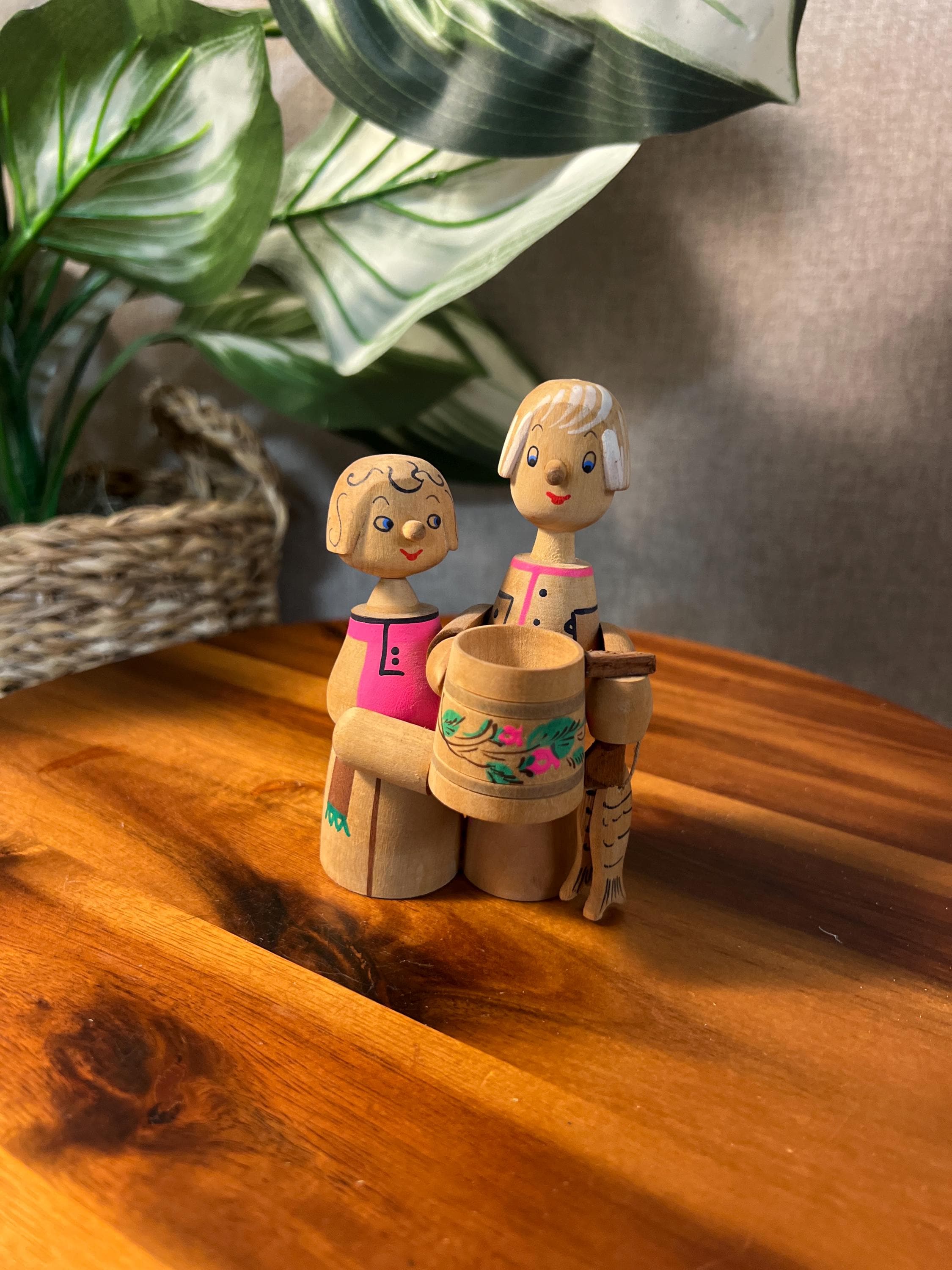 Vintage Russian Wooden Folk Art Figurines with Beer Mug  Moscow 1982 Stay glo paint