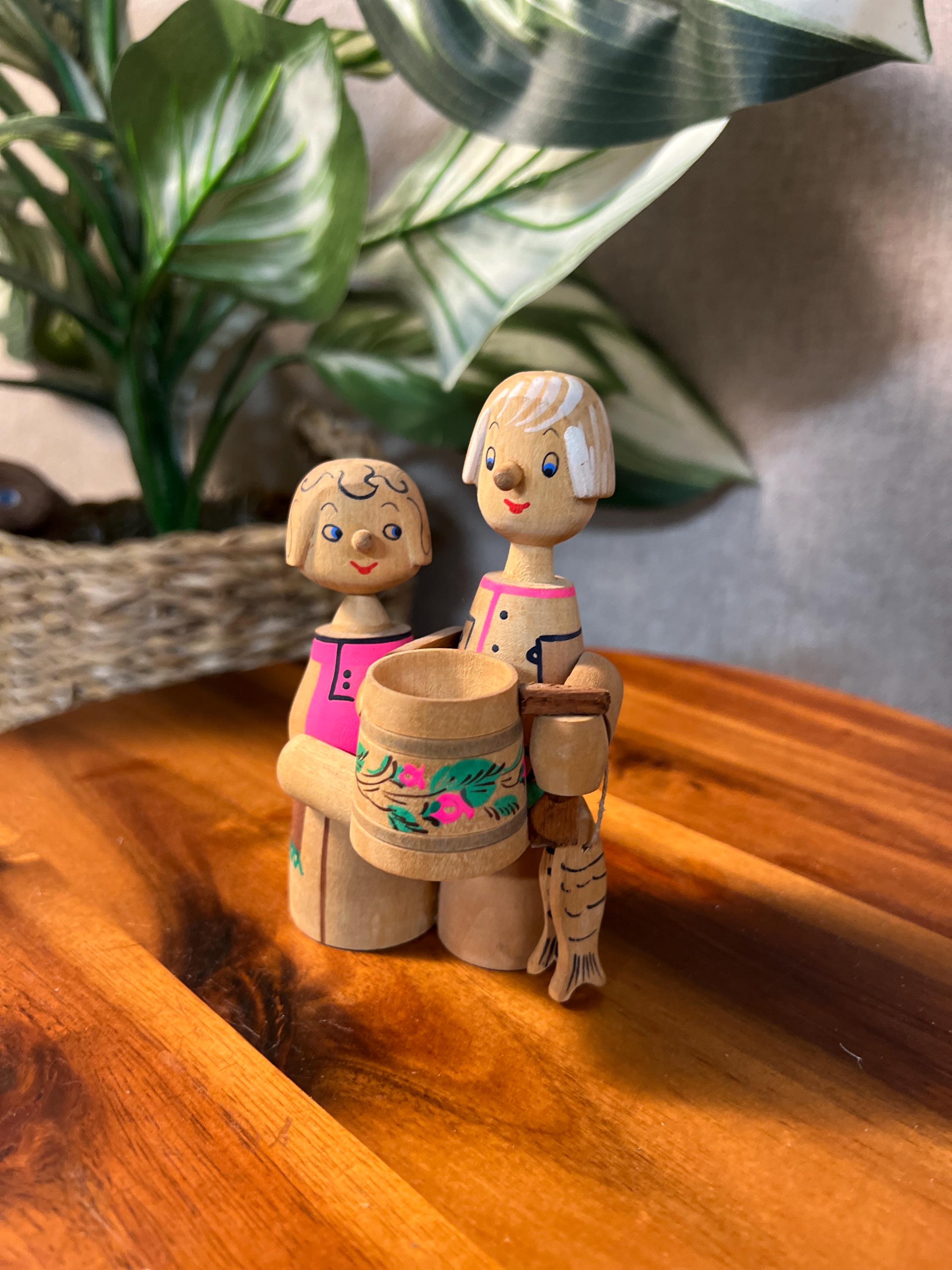 Vintage Russian Wooden Folk Art Figurines with Beer Mug  Moscow 1982 Stay glo paint