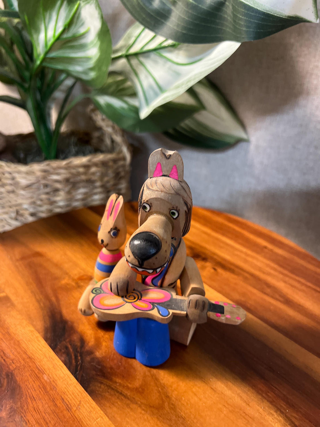 Vintage Russian Beriozka Folk Art Wooden Doll Toy, Wolf playing Guitar with Bunny