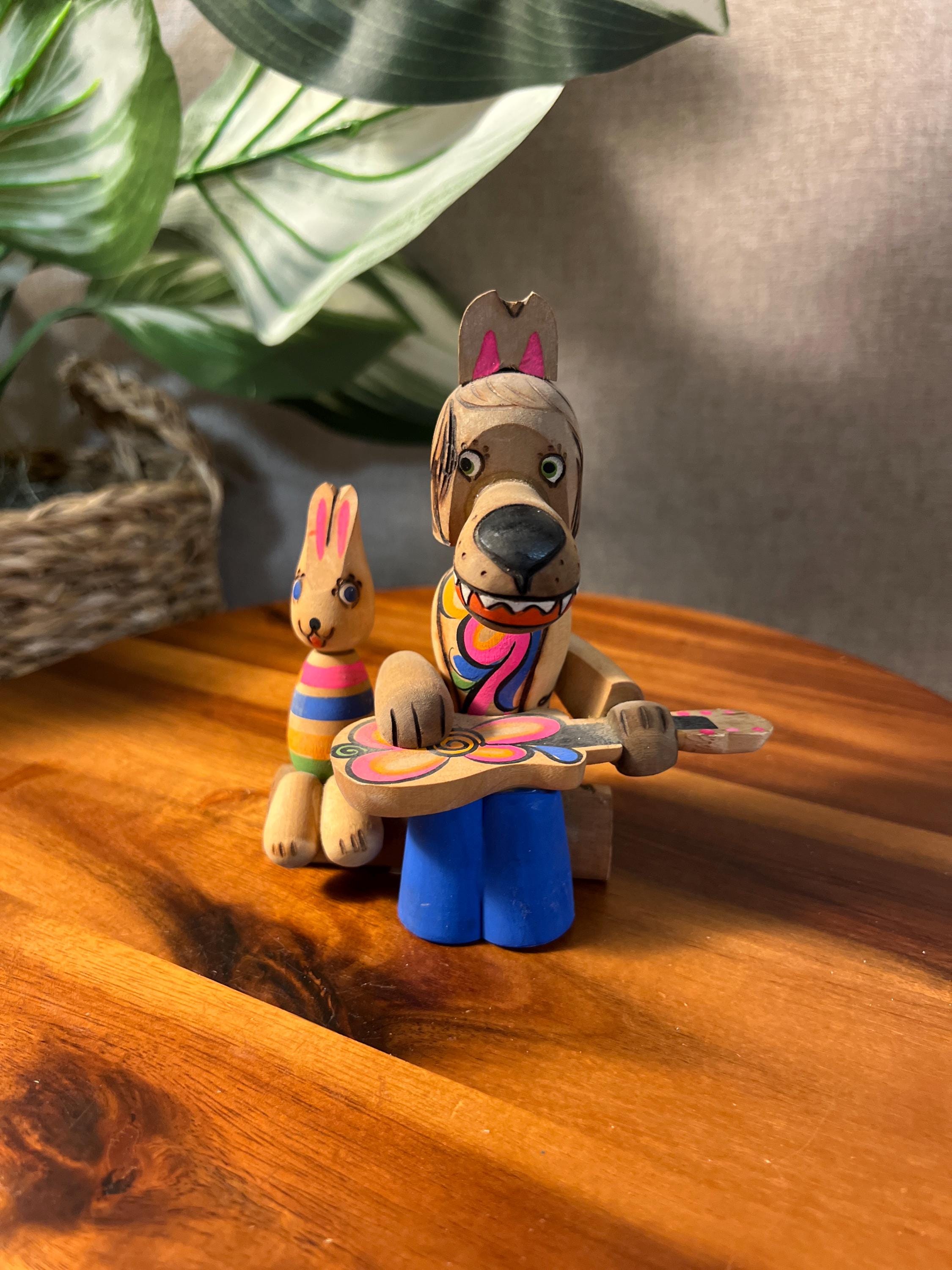 Vintage Russian Beriozka Folk Art Wooden Doll Toy, Wolf playing Guitar with Bunny