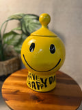 Vintage McCoy Yellow Smiley Face cookie jar W/ Lid" Have A Happy Day" 1970s