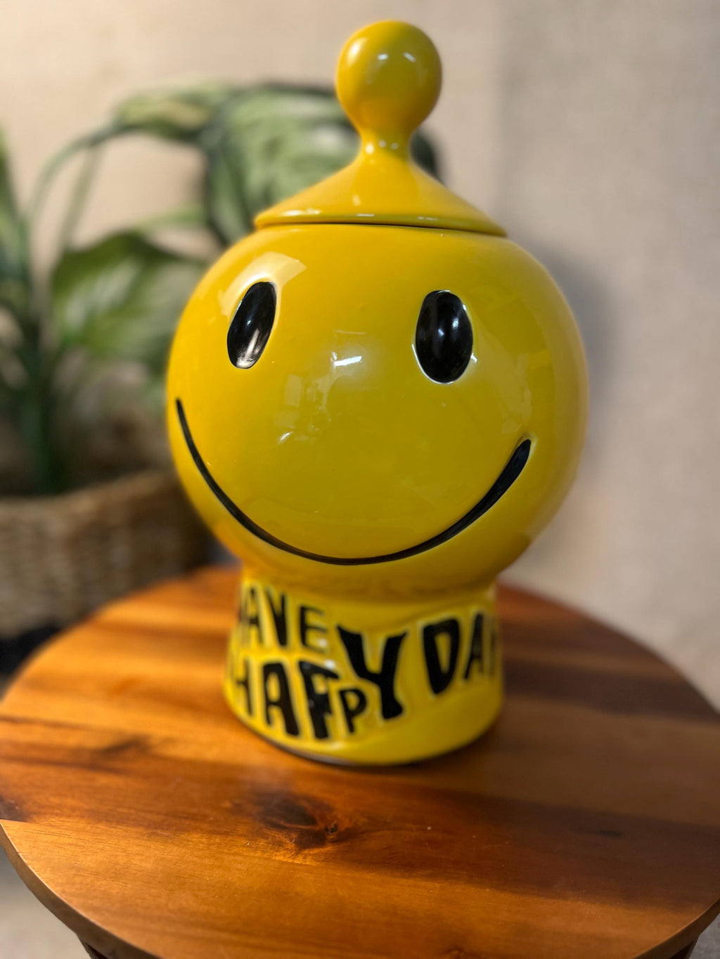 Vintage McCoy Yellow Smiley Face cookie jar W/ Lid" Have A Happy Day" 1970s