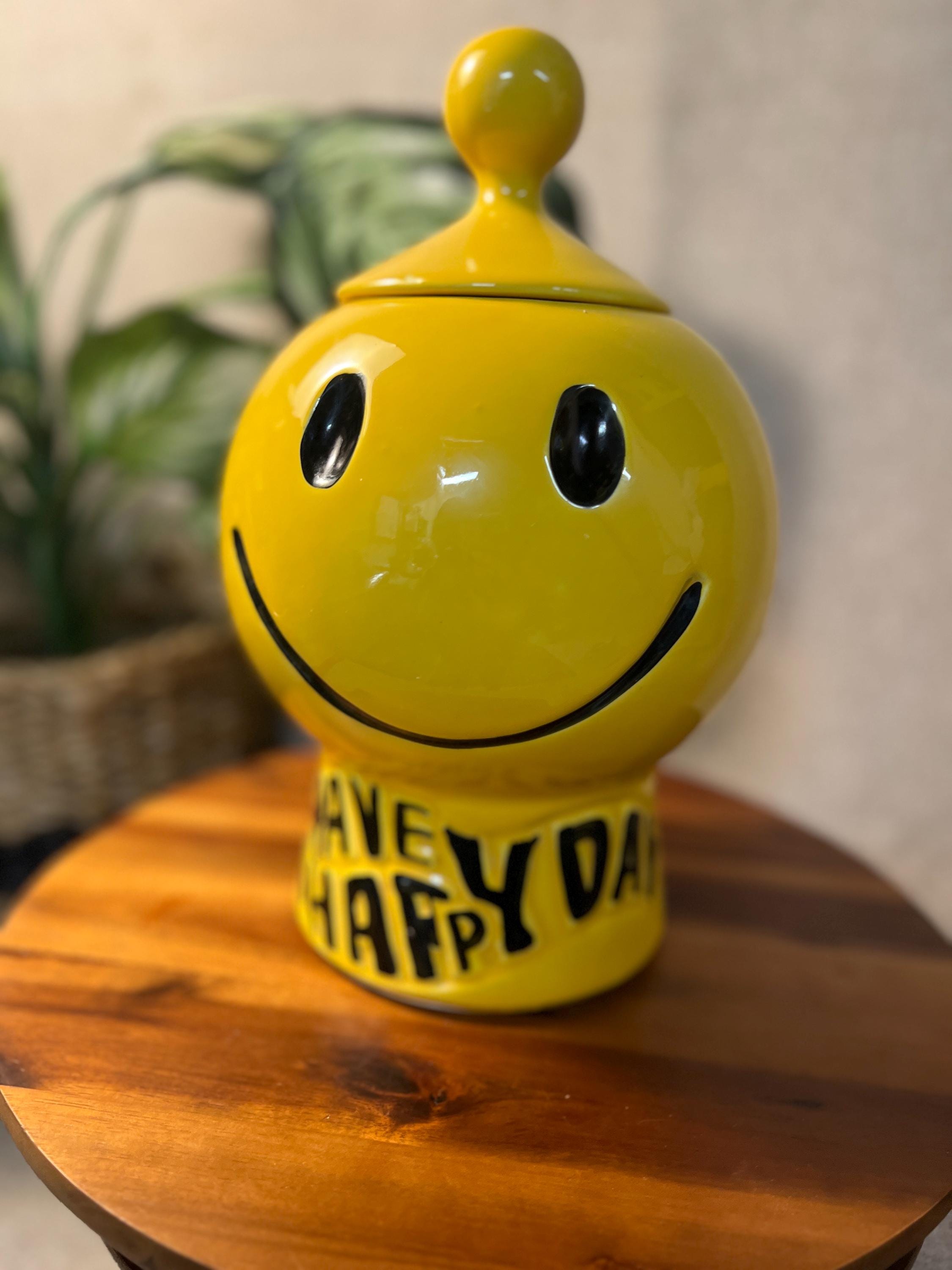 Vintage McCoy Yellow Smiley Face cookie jar W/ Lid" Have A Happy Day" 1970s