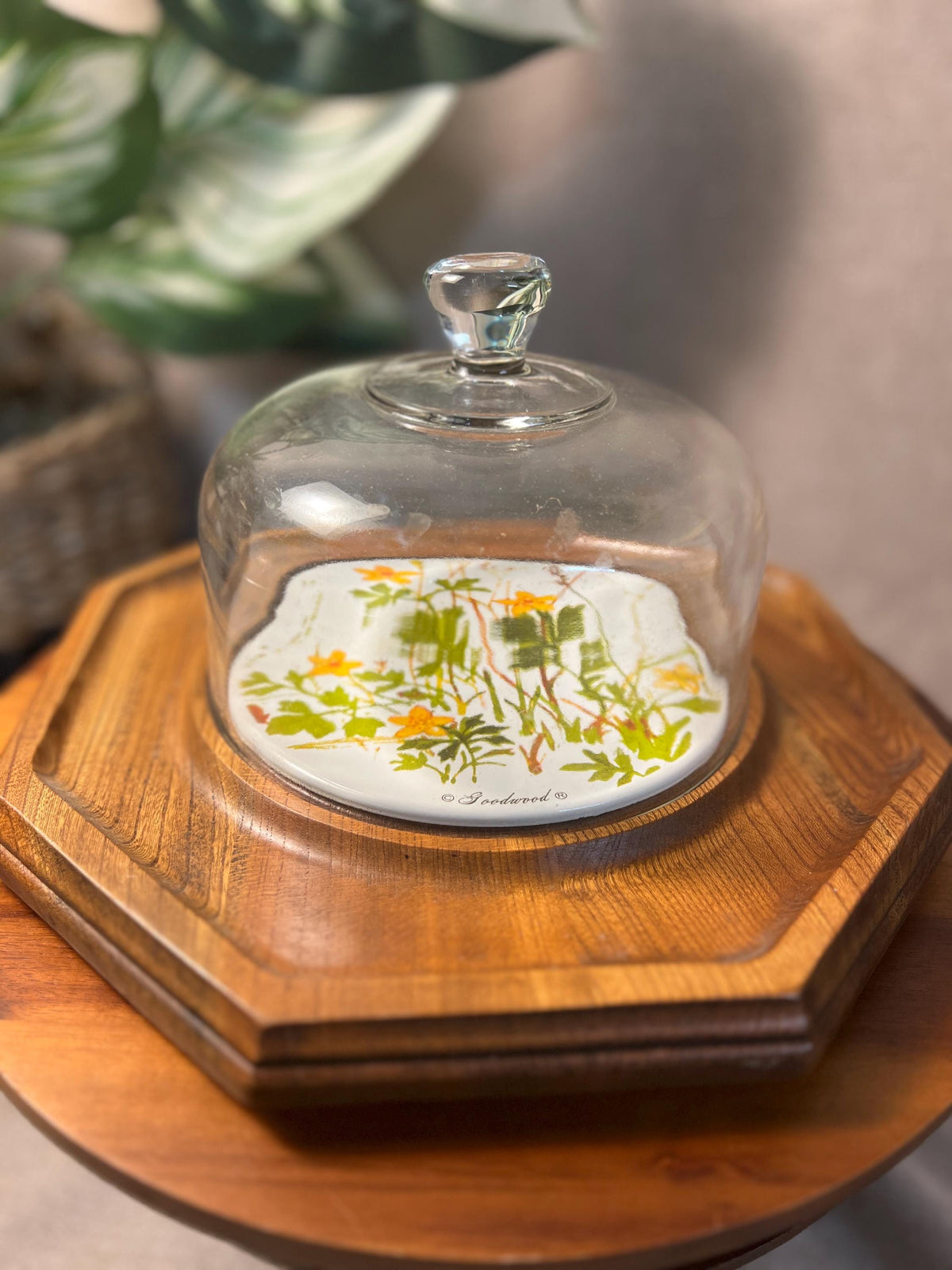 Vintage Cottage Core Goodwood Cheese Board With Glass Dome Lid 1970s Floral