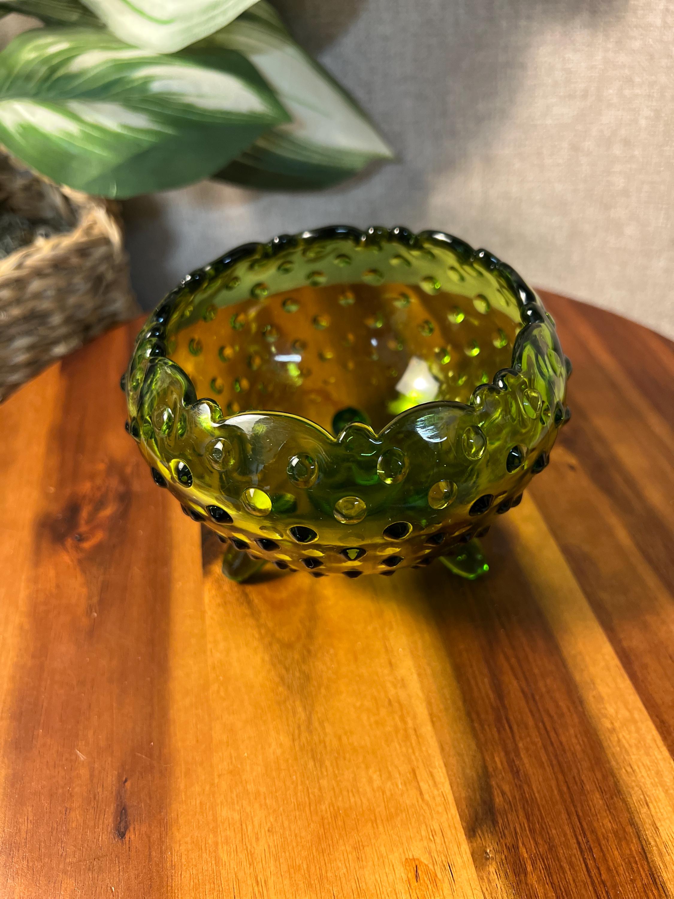 Vintage Mid Century LE Smith Glass Green Hobnail Rose Bowl Dish Vase 3 Footed