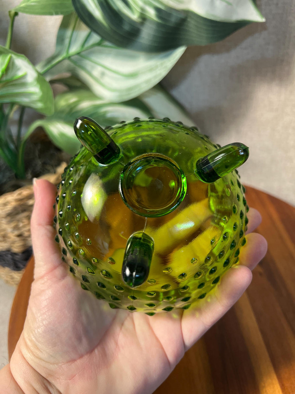 Vintage Mid Century LE Smith Glass Green Hobnail Rose Bowl Dish Vase 3 Footed
