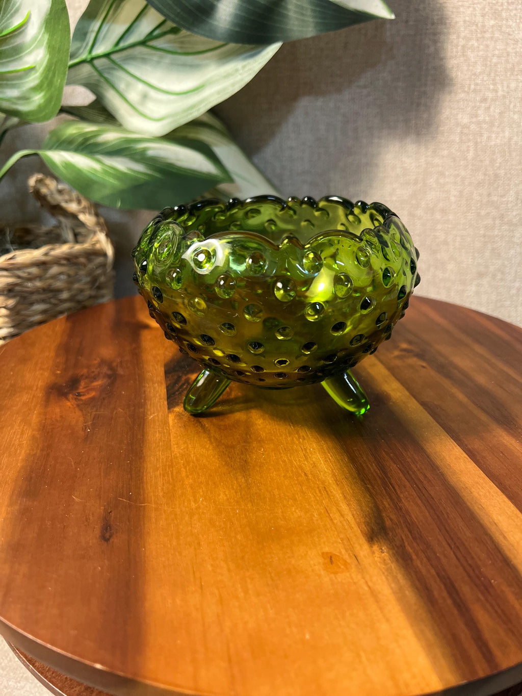 Vintage Mid Century LE Smith Glass Green Hobnail Rose Bowl Dish Vase 3 Footed