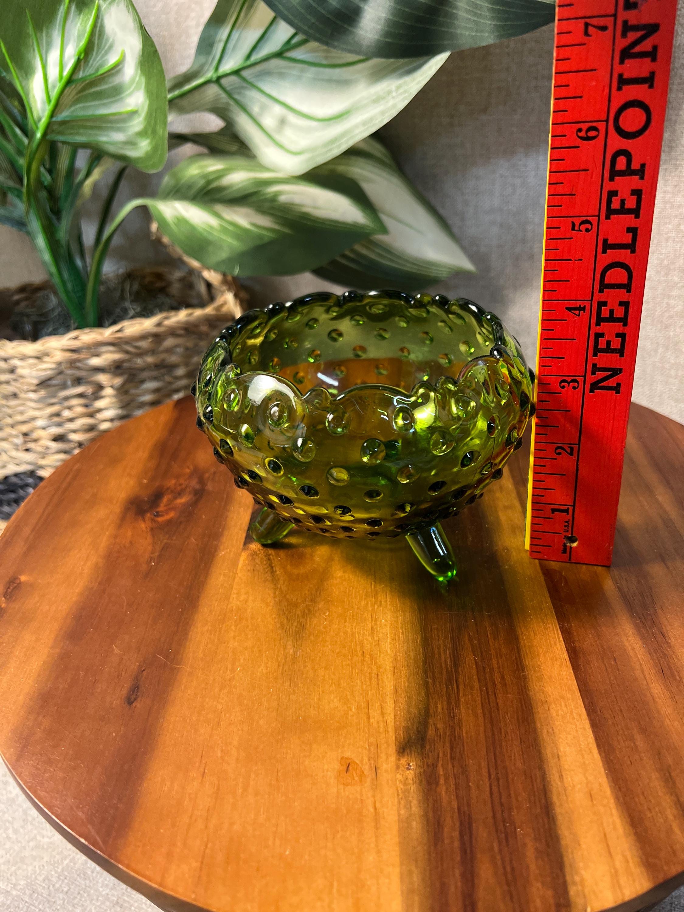 Vintage Mid Century LE Smith Glass Green Hobnail Rose Bowl Dish Vase 3 Footed