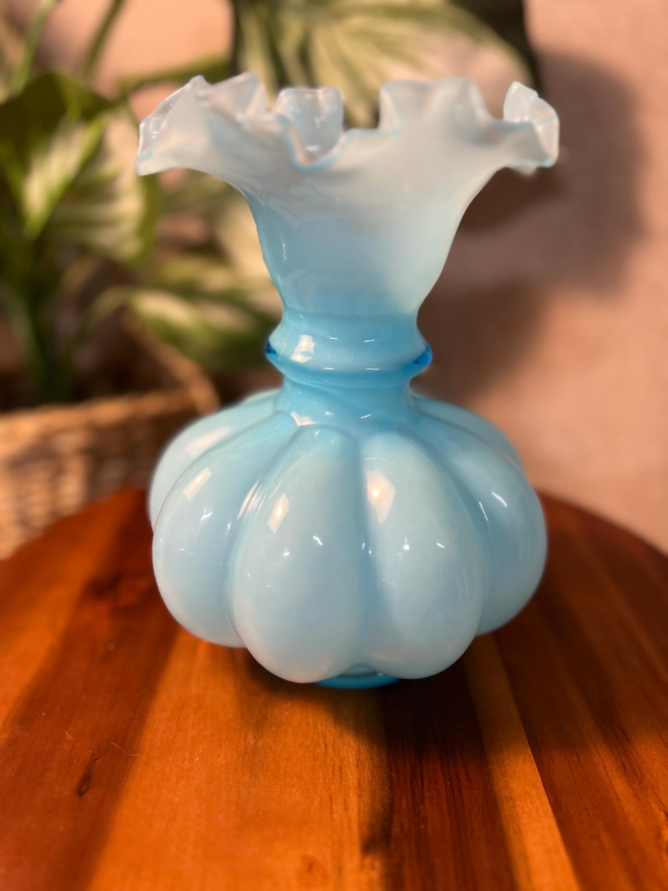 Vintage Fenton Light Blue Melon cased Glass Vase Ruffled Rim 8" Tall