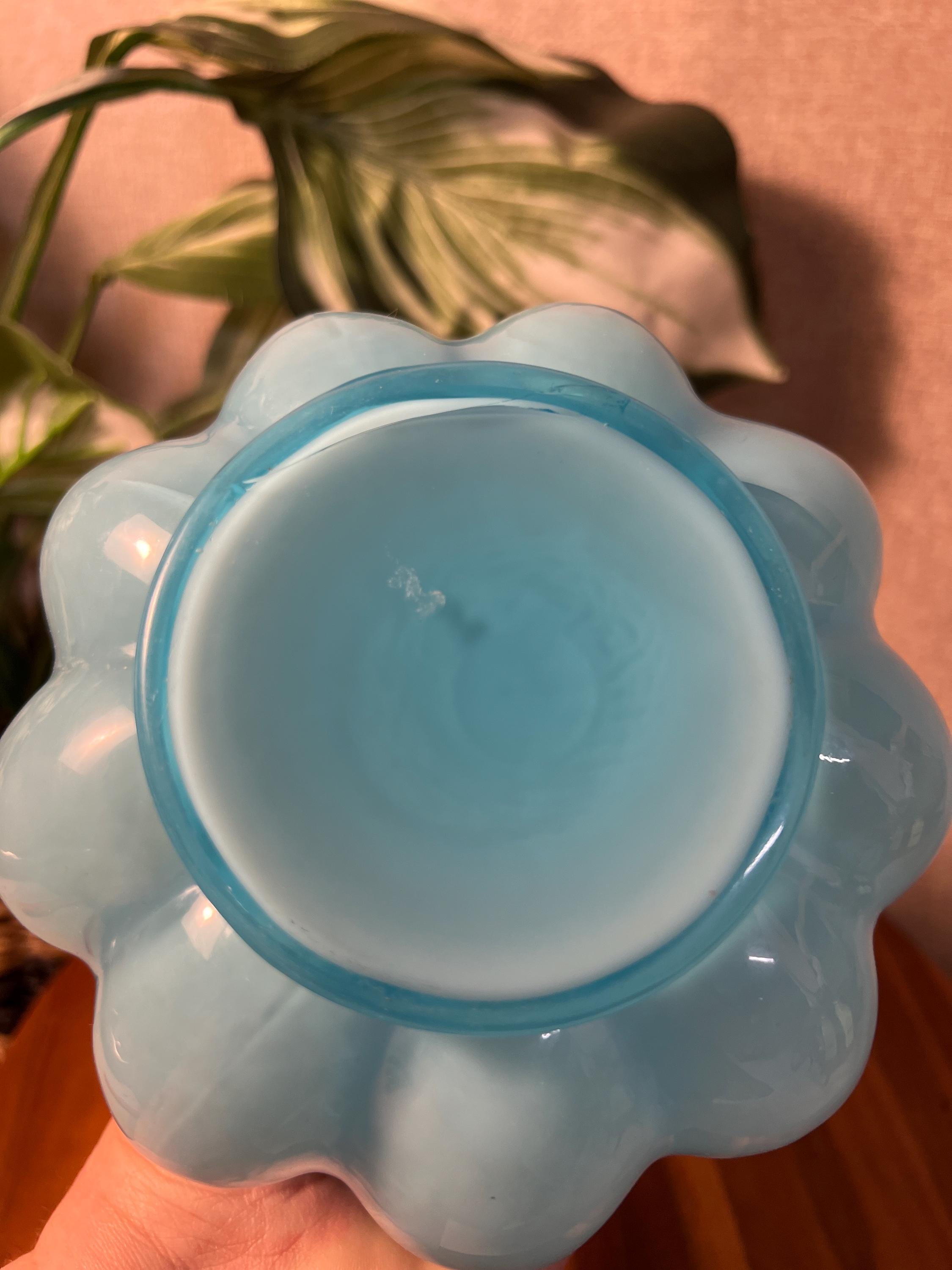 Vintage Fenton Light Blue Melon cased Glass Vase Ruffled Rim 8" Tall