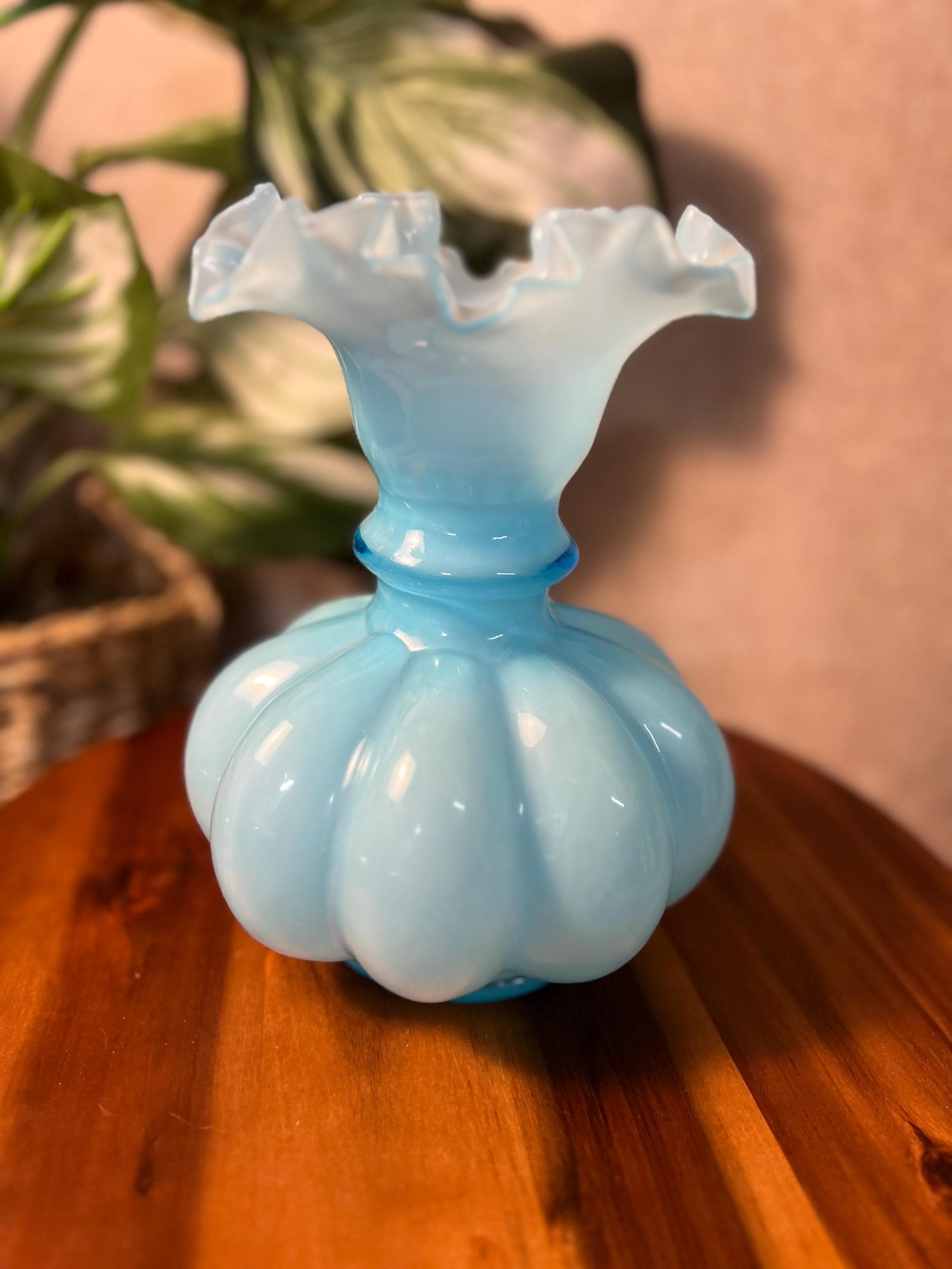 Vintage Fenton Light Blue Melon cased Glass Vase Ruffled Rim 8" Tall