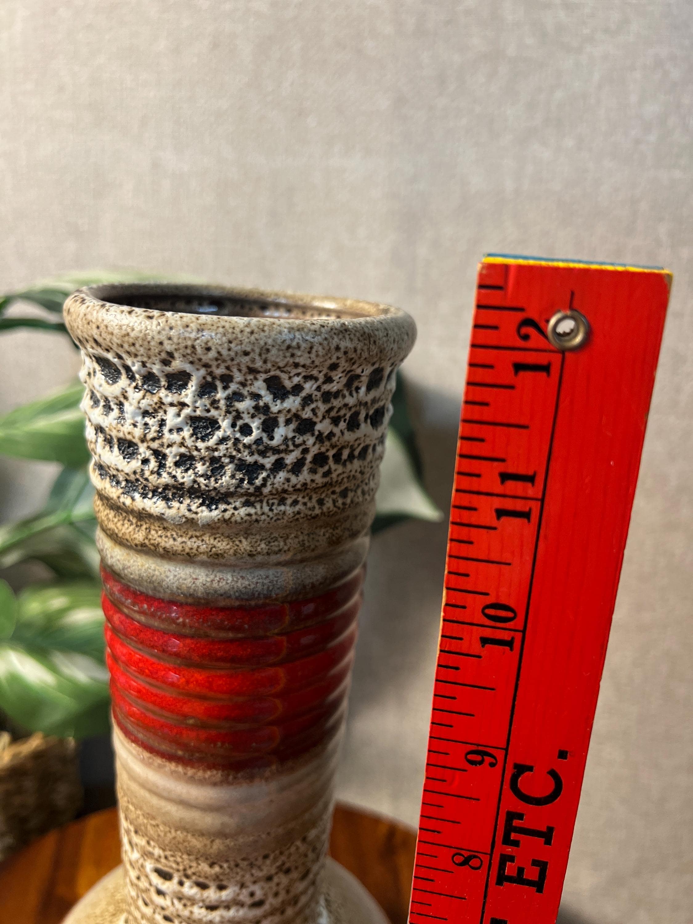West German Fat Lava Vase Red Black Tan cream MCM Art Pottery