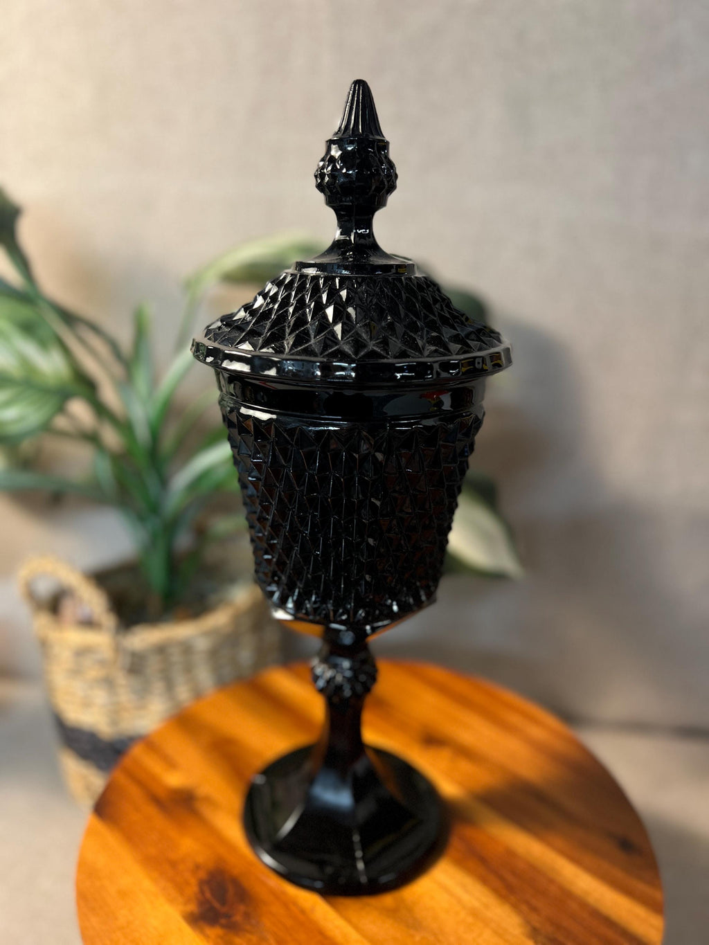 Vintage Black Indiana Glass Diamond Point Apothecary Jar