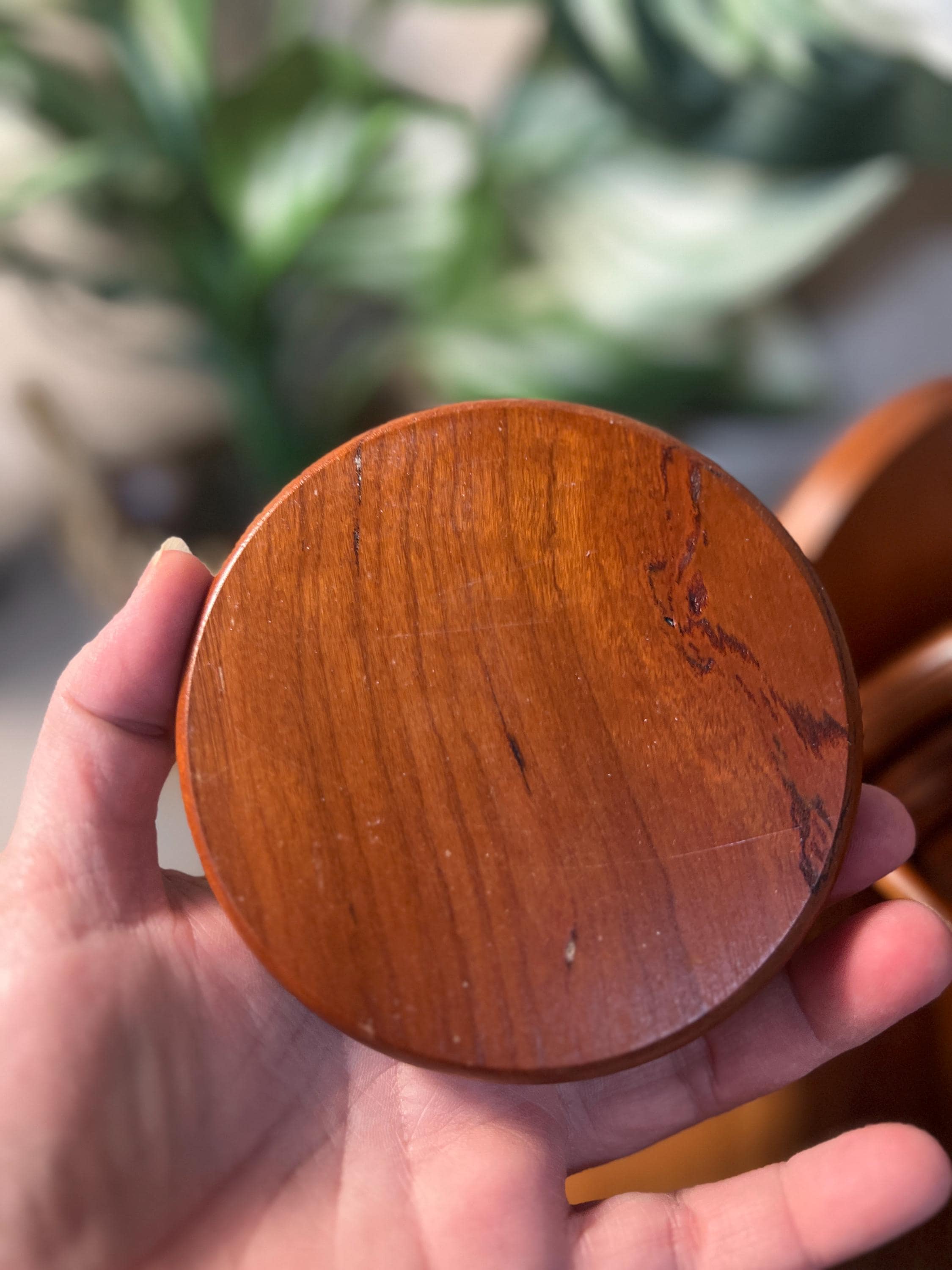 Vintage Hand-Carved Wooden Coaster Set Of 6 Round With Holder