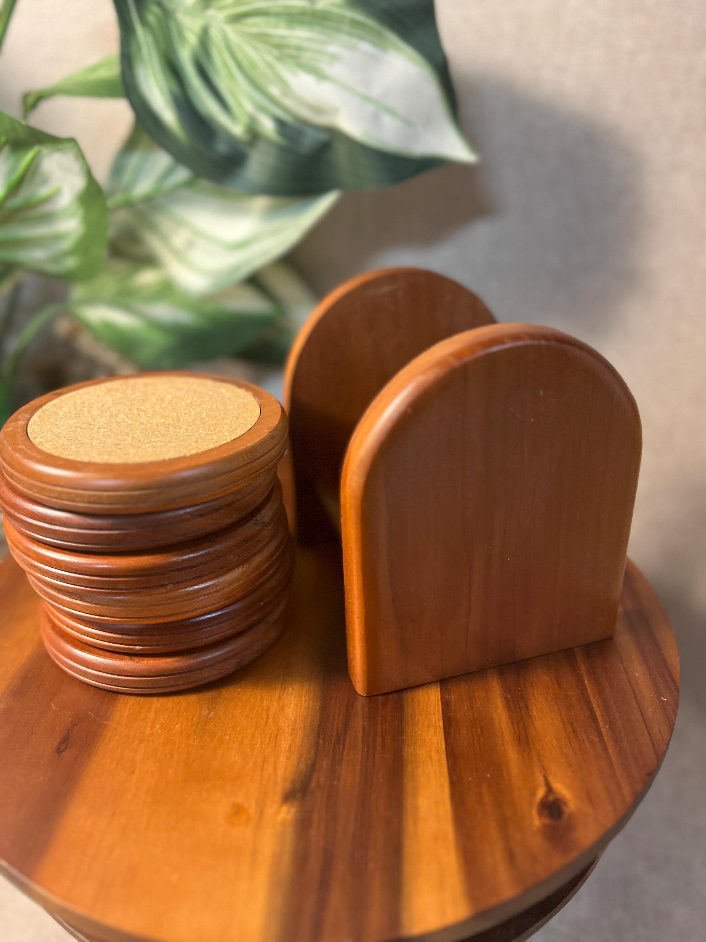 Vintage Hand-Carved Wooden Coaster Set Of 6 Round With Holder