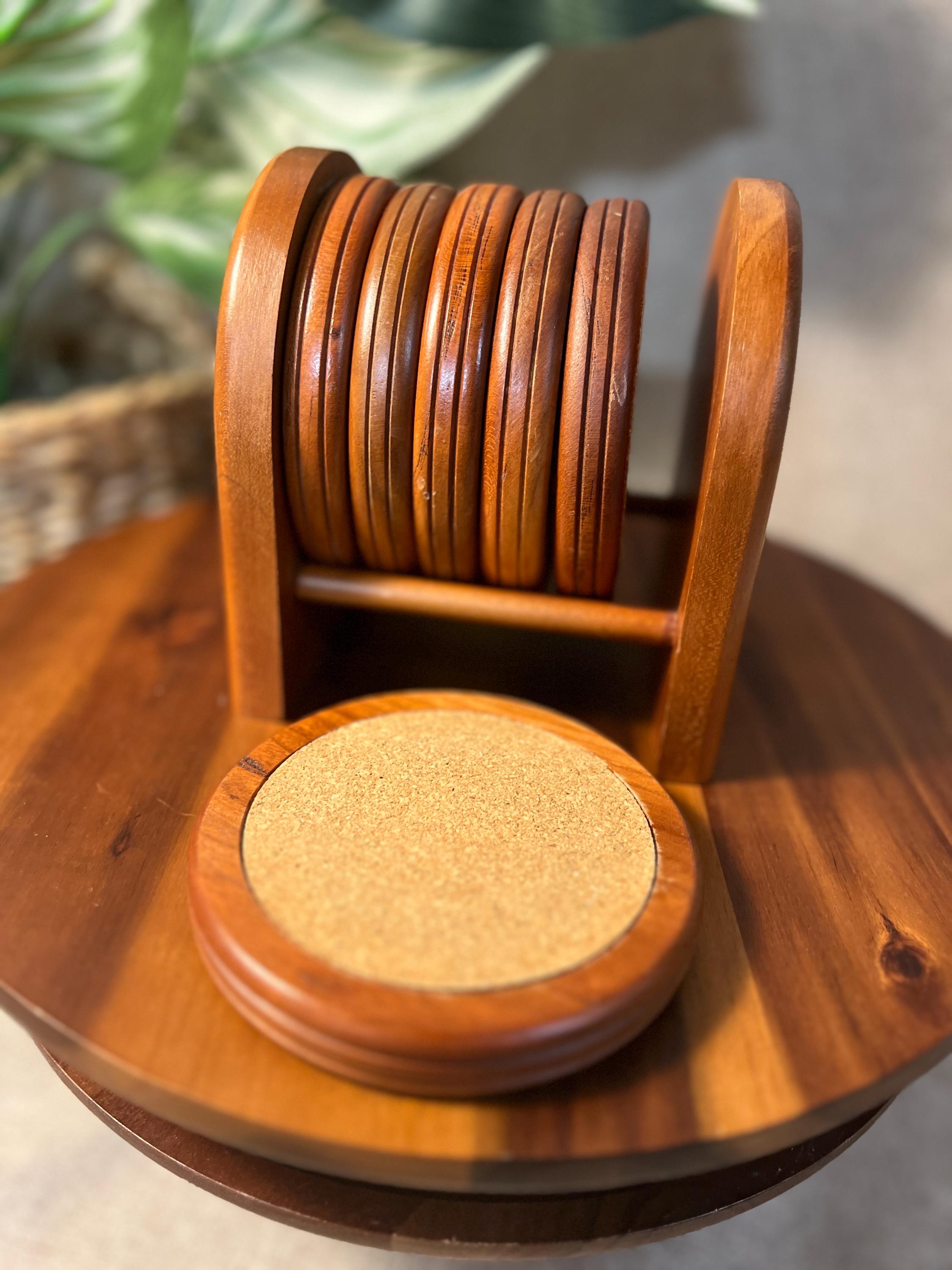 Vintage Hand-Carved Wooden Coaster Set Of 6 Round With Holder