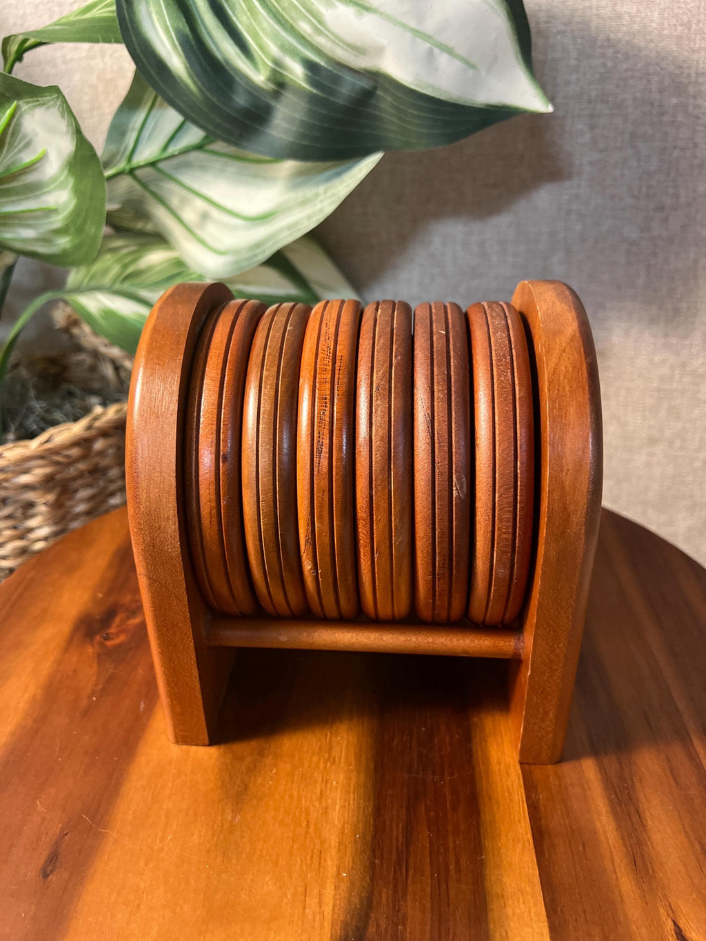 Vintage Hand-Carved Wooden Coaster Set Of 6 Round With Holder