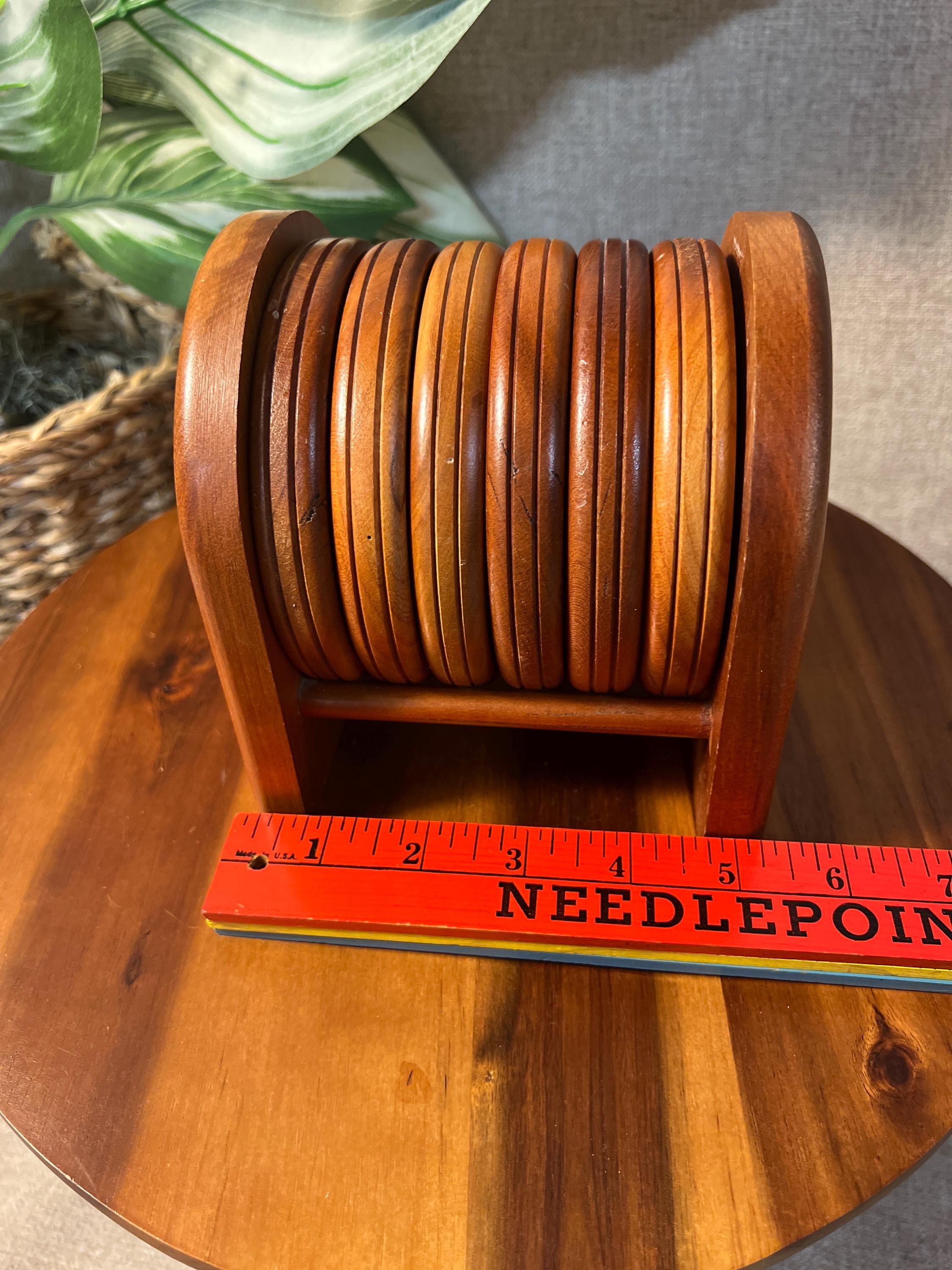 Vintage Hand-Carved Wooden Coaster Set Of 6 Round With Holder