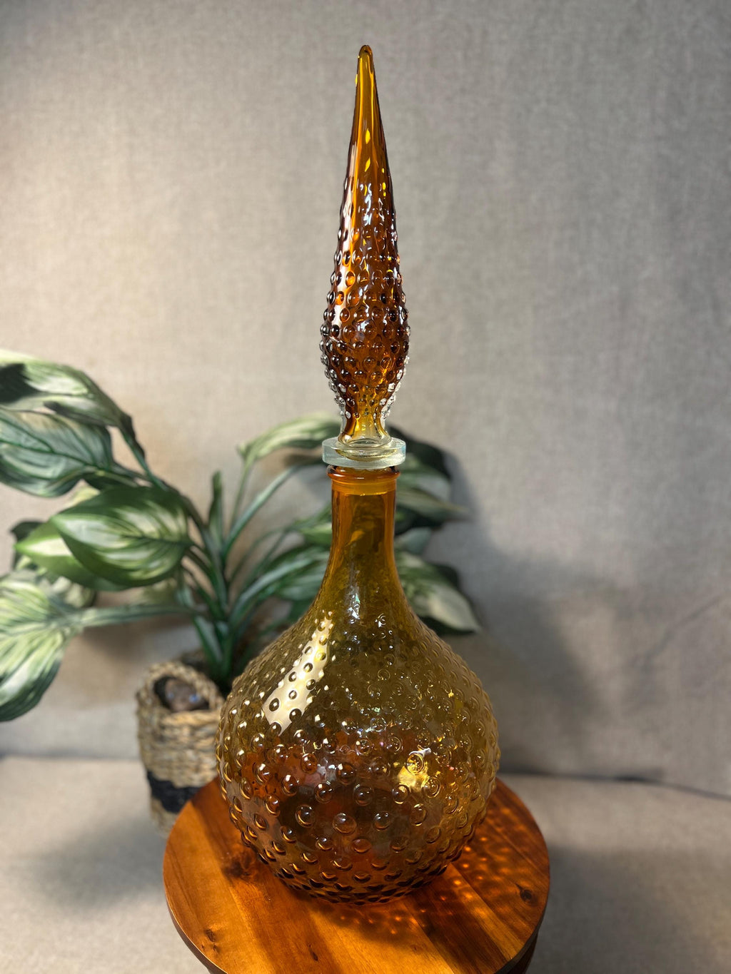 Vintage Decanter Vase Amber Hobnail Handblown Hand Blown Genie 25 MCM some chips on rim