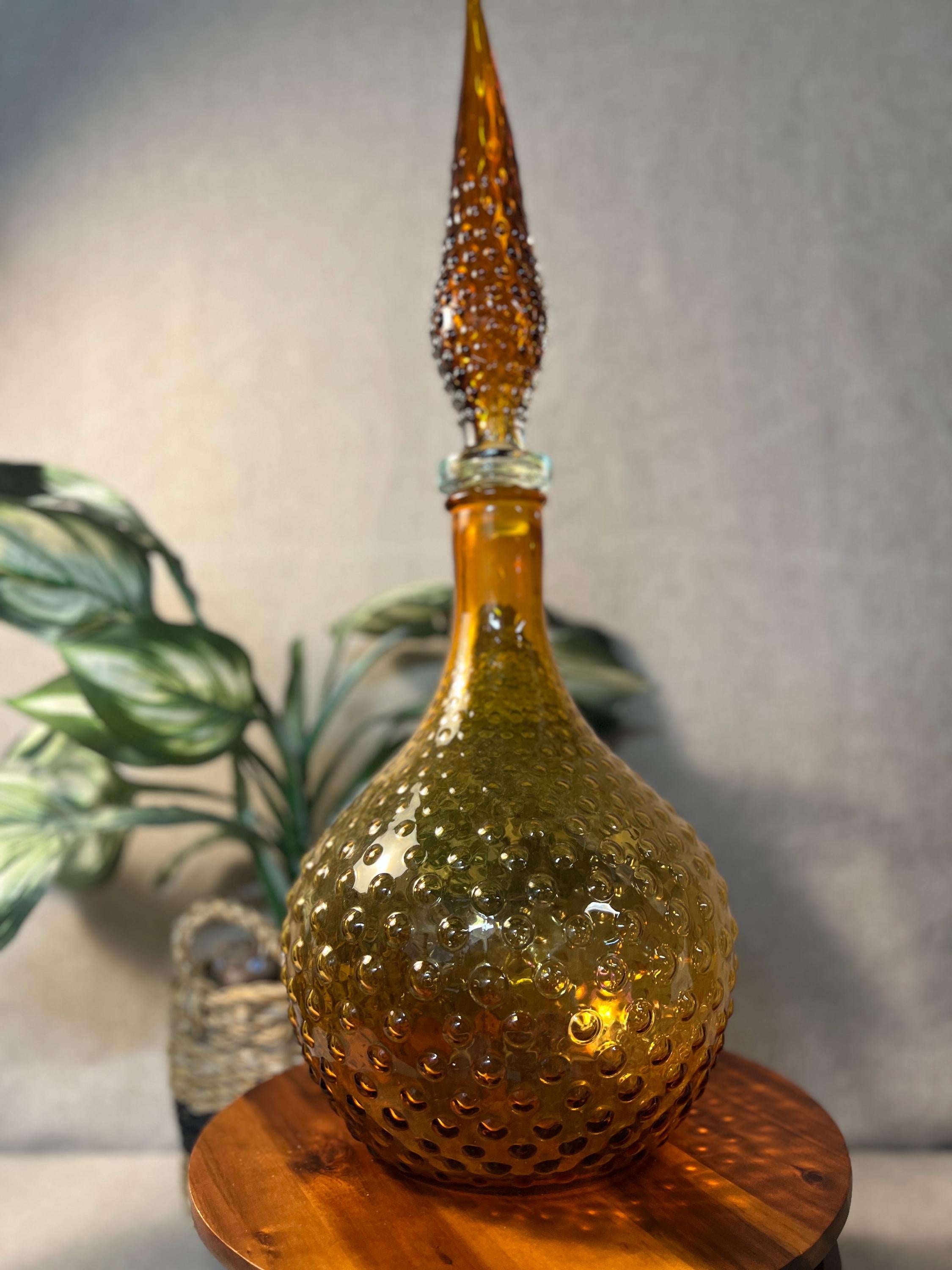Vintage Decanter Vase Amber Hobnail Handblown Hand Blown Genie 25 MCM some chips on rim