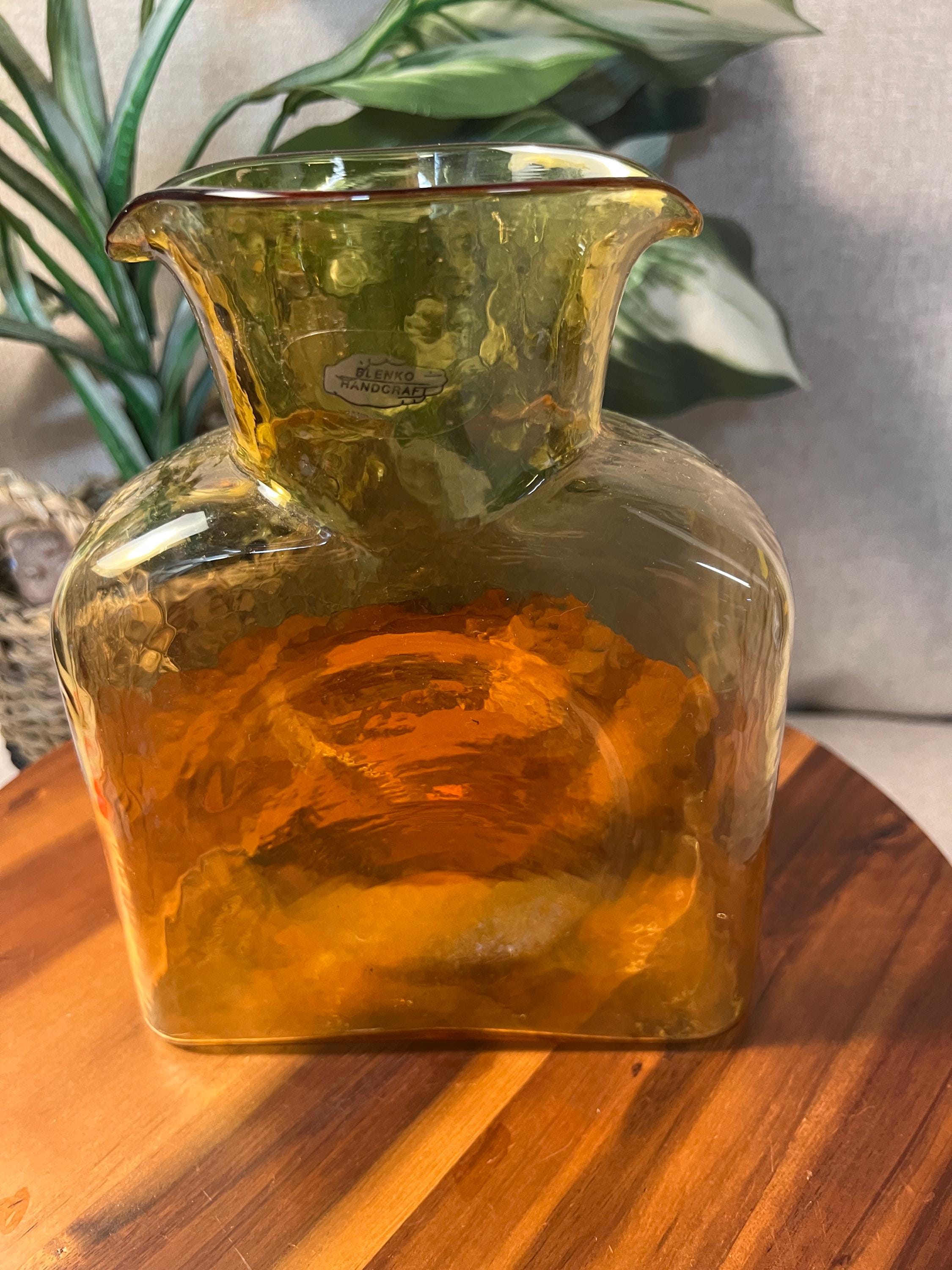 VTG Blenko Art Glass 384 Double Spouted Water Bottle Pitcher Amberina Tangerine