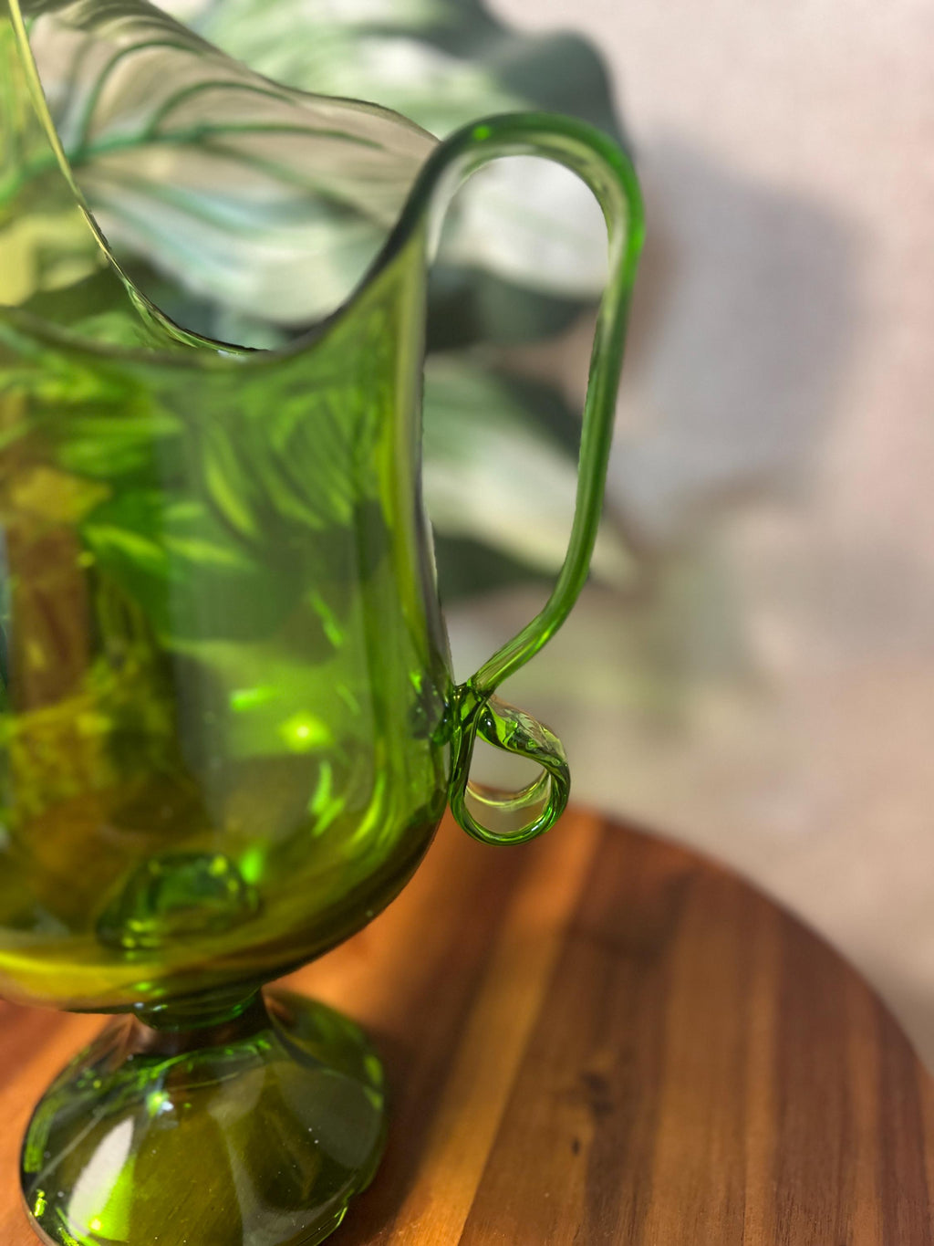 Green LE Smith Pedestal Swung Footed Glass Pitcher Vase MCM