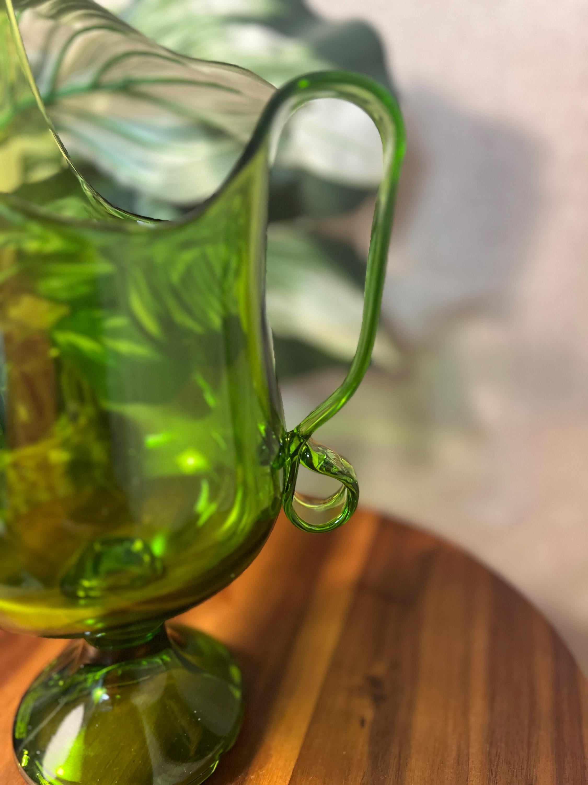 Green LE Smith Pedestal Swung Footed Glass Pitcher Vase MCM