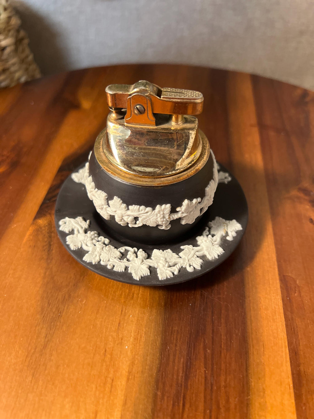 Vintage Black Jasperware Wedgwood Lighter And Ashtray