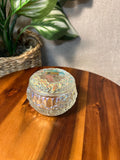 Vintage Czech Republic Iradescent Glass Trinket Box Powder Jar Bows Floral Flowers