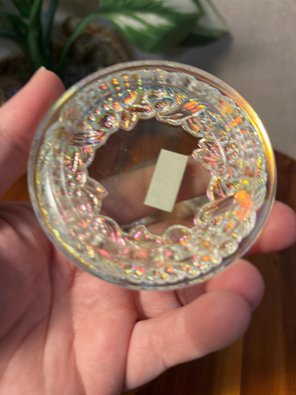 Vintage Czech Republic Iradescent Glass Trinket Box Powder Jar Bows Floral Flowers