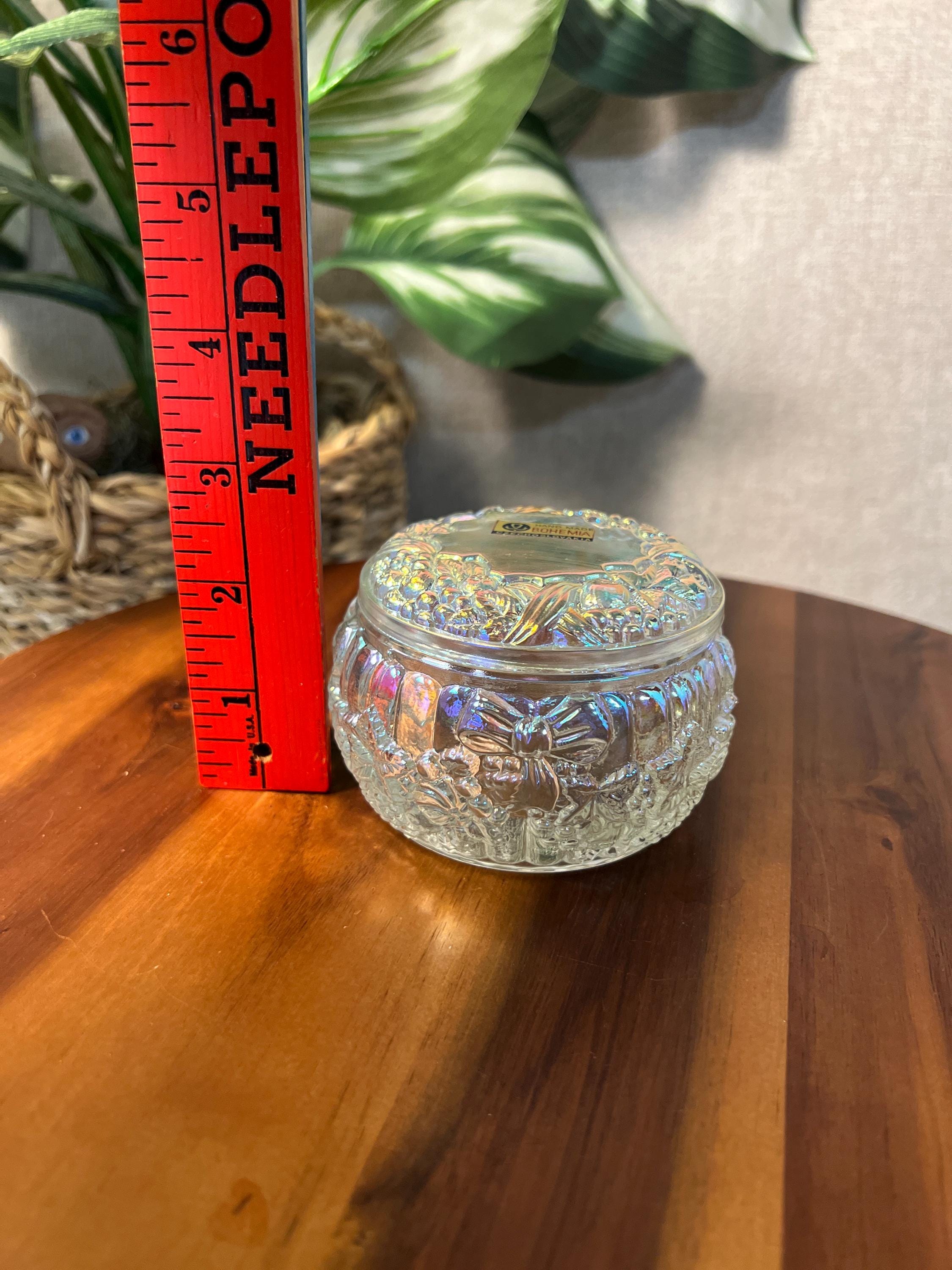 Vintage Czech Republic Iradescent Glass Trinket Box Powder Jar Bows Floral Flowers