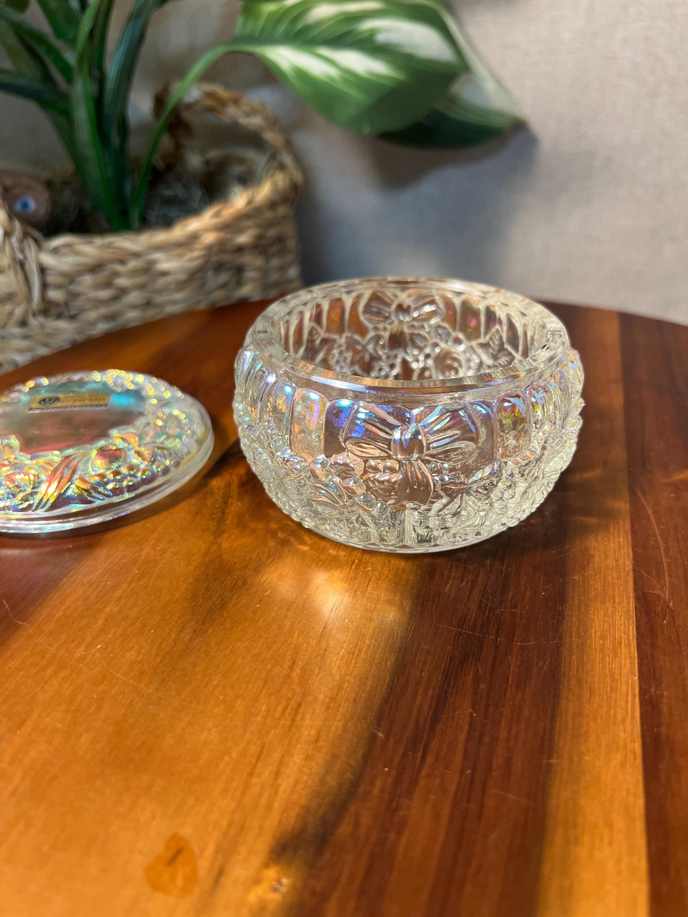 Vintage Czech Republic Iradescent Glass Trinket Box Powder Jar Bows Floral Flowers